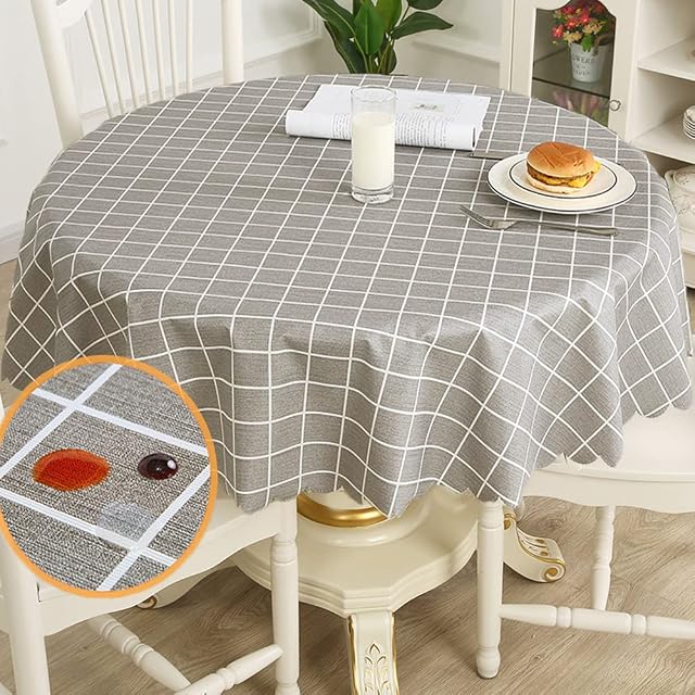 Table Cloth Wipe Clean Round Grey Checked Tablecloth Waterproof Oil-Proof Stain-Resistant Vinyl PVC Table Cover for Kitchen,Dining,Garden,Cafe,Buffet,Party Indoor or Outdoor Tabletop Decor (120cm)