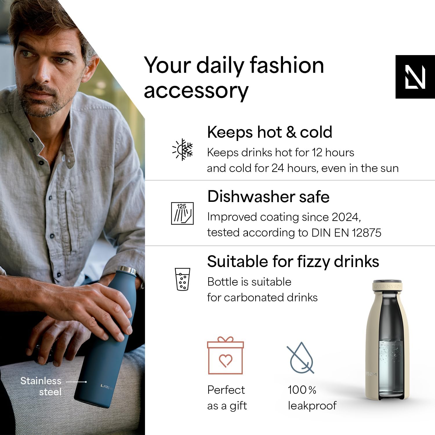 LARS NYSØM Stainless Steel Insulated Water Bottle 12oz 17oz 25oz 34oz 51oz | Insulated Thermo Flask for Hot and Cold Beverages | Leakproof Drinking Bottle (Almond Beige, 11.9oz) - Image 2