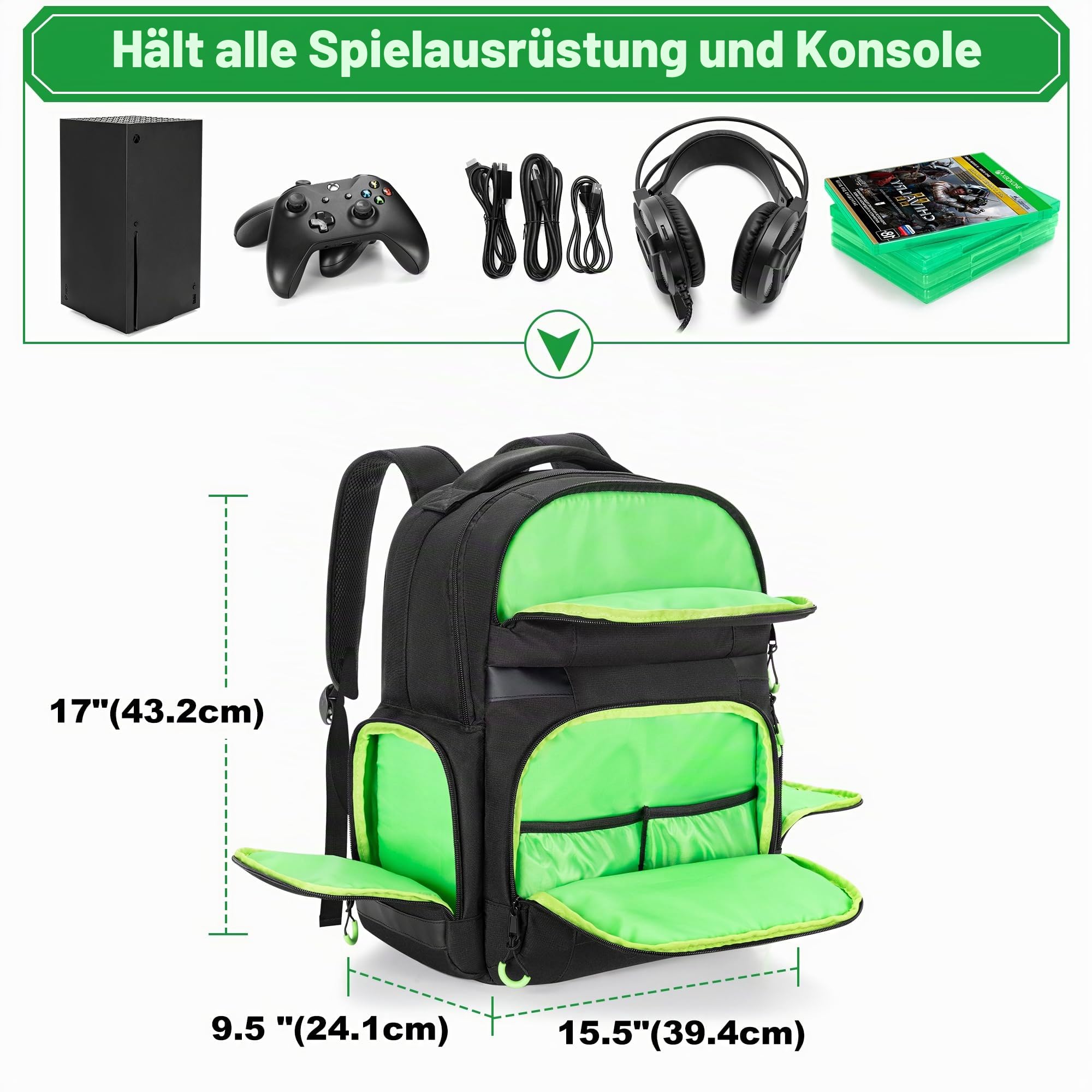 PGmoon Rucksack Kompatibel mit Xbox Serie X/S Konsole | Tasche mit Separatem Stauraum für Konsole, Headset, Controller, Mehrere Taschen für Zubehör (Patent Design)