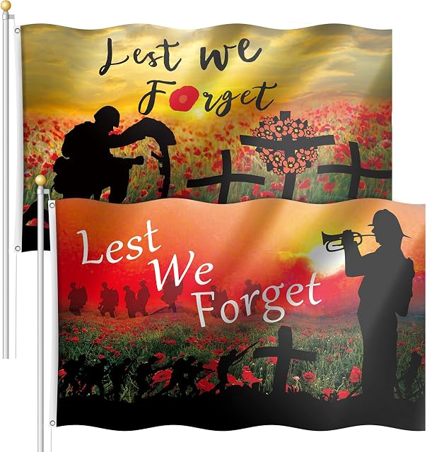 2 Pieces Lest We Forget Flag Poppy Remembrance Flag Remembrance Day Flag Polyester Sunday Poppy Flag Double Side Heavy Duty Flag for Heroes Moderating Remembrance