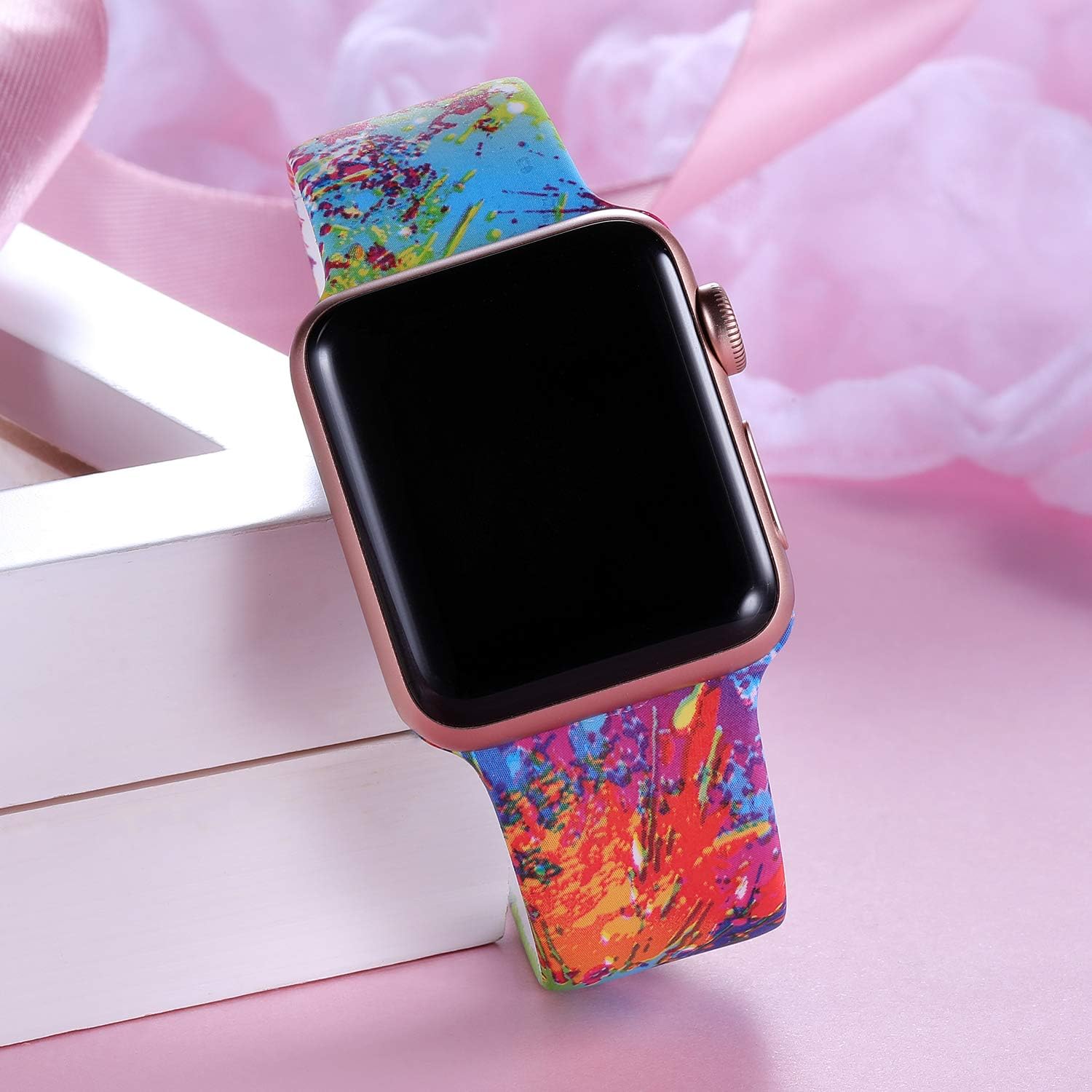 Laffav Pattern Band Compatible with Apple Watch 44mm iWatch Series 4 with Case for Women Men, Splash-Ink, S/M