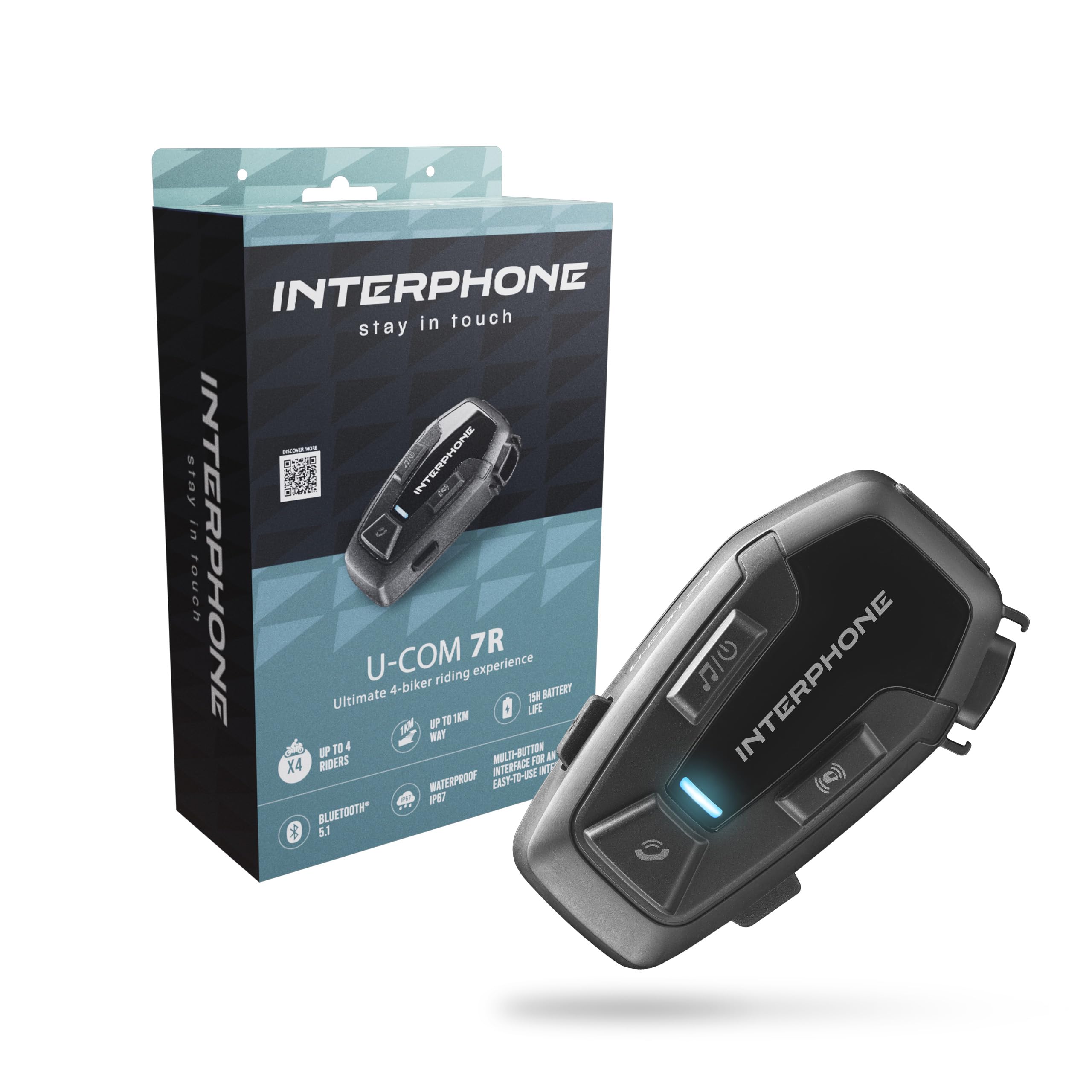 INTERPHONE U-COM 7R Intercomunicador casco moto individual con Bluetooth 5.1, para hasta 4 usuarios a 1 km, intercomunicador compatible con TFT y GPS, accesorios moto extraíbles, 15 h de batería, IP67