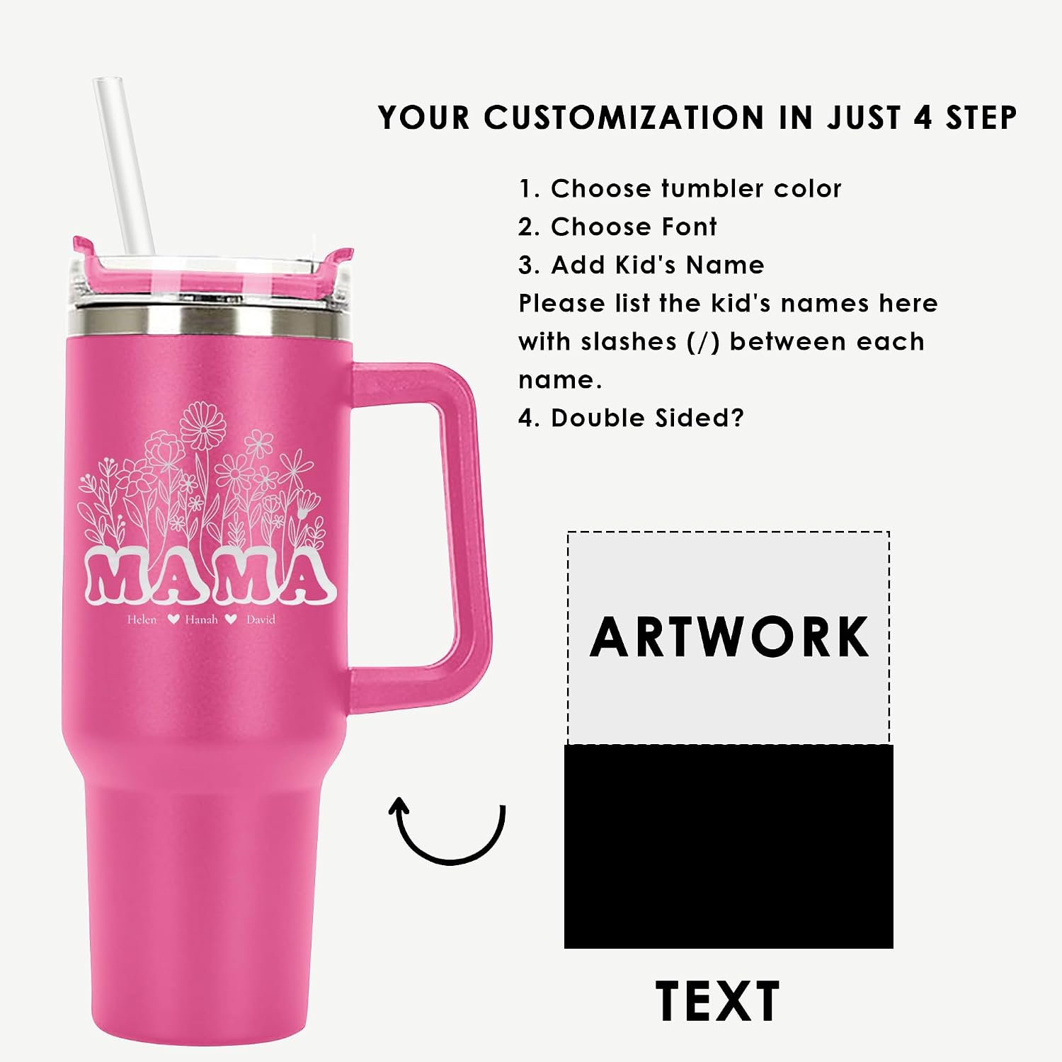 Mama Retro Flower Personalized Laser Engraved 40oz Large Tumbler with Handle, Straw&Lid, Mother's Day Gift, Mama Gifts from Daughter Son, Wildflower Mama, Floral Watter Bottle for New Mom
