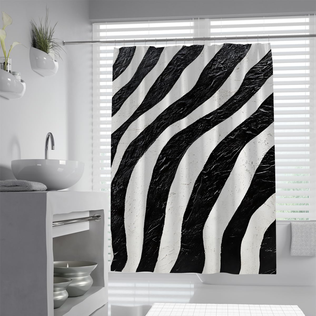 UIRINGART Contemporary Textured Stripes Shower Curtain W180xL200cm Modern Abstract Geometric Zebra Pattern Mildew Resistant Washable Apartment Essentials Bath Screen With Hook