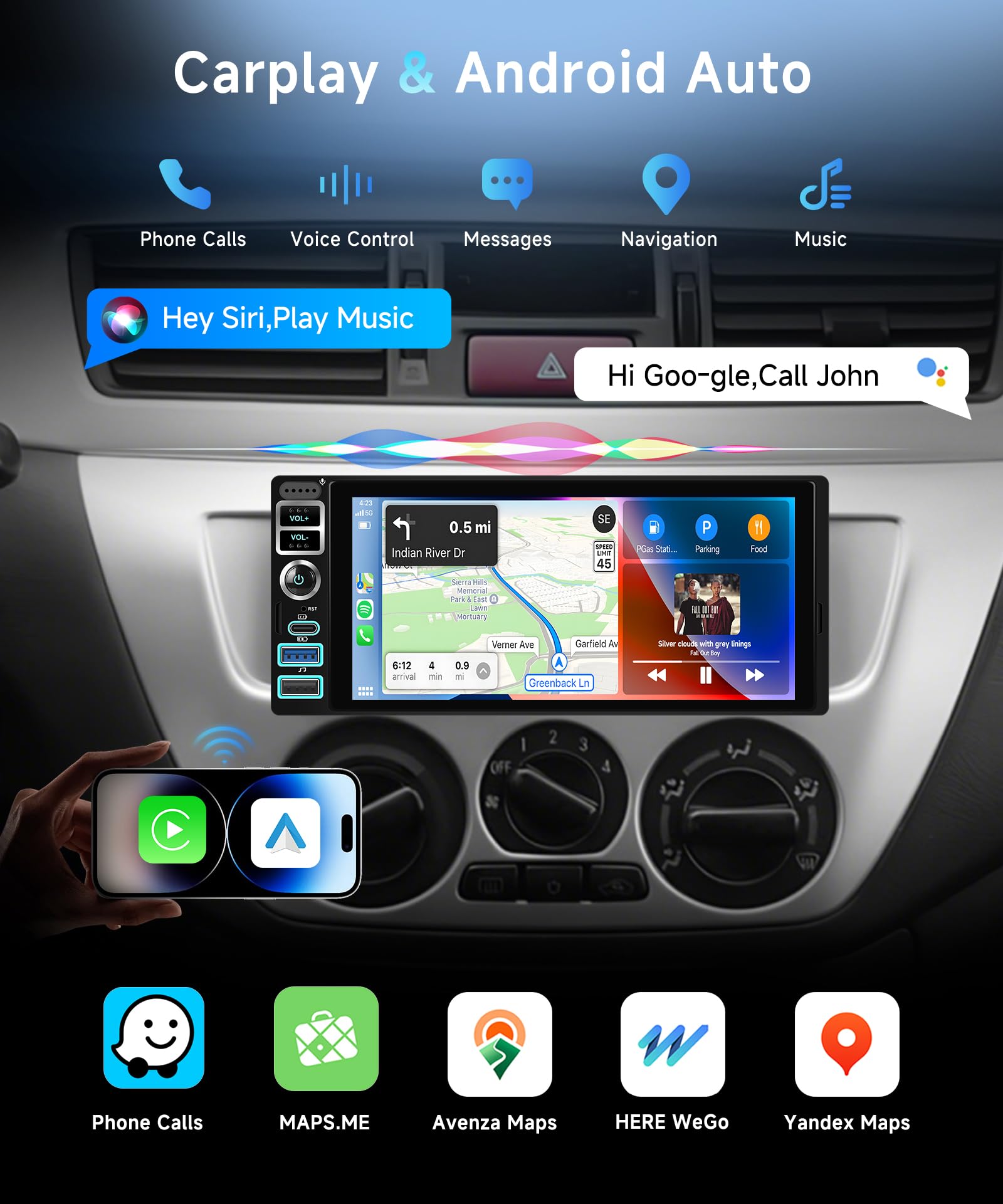 4G/64G VECHTEL 6,9" radio samochodowe Bluetooth Android 15 Carplay Android Auto, DSP, 2 USB/Type-C, EQ, WiFi GPS, Mirrorlink, radio RDS/FM 2 Din Con kamera cofania AHD/sterowanie na kierownicy