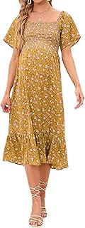 Floral Maternity Dress for Baby Shower Short Sleeve Square Neck Smocked Boho Dress