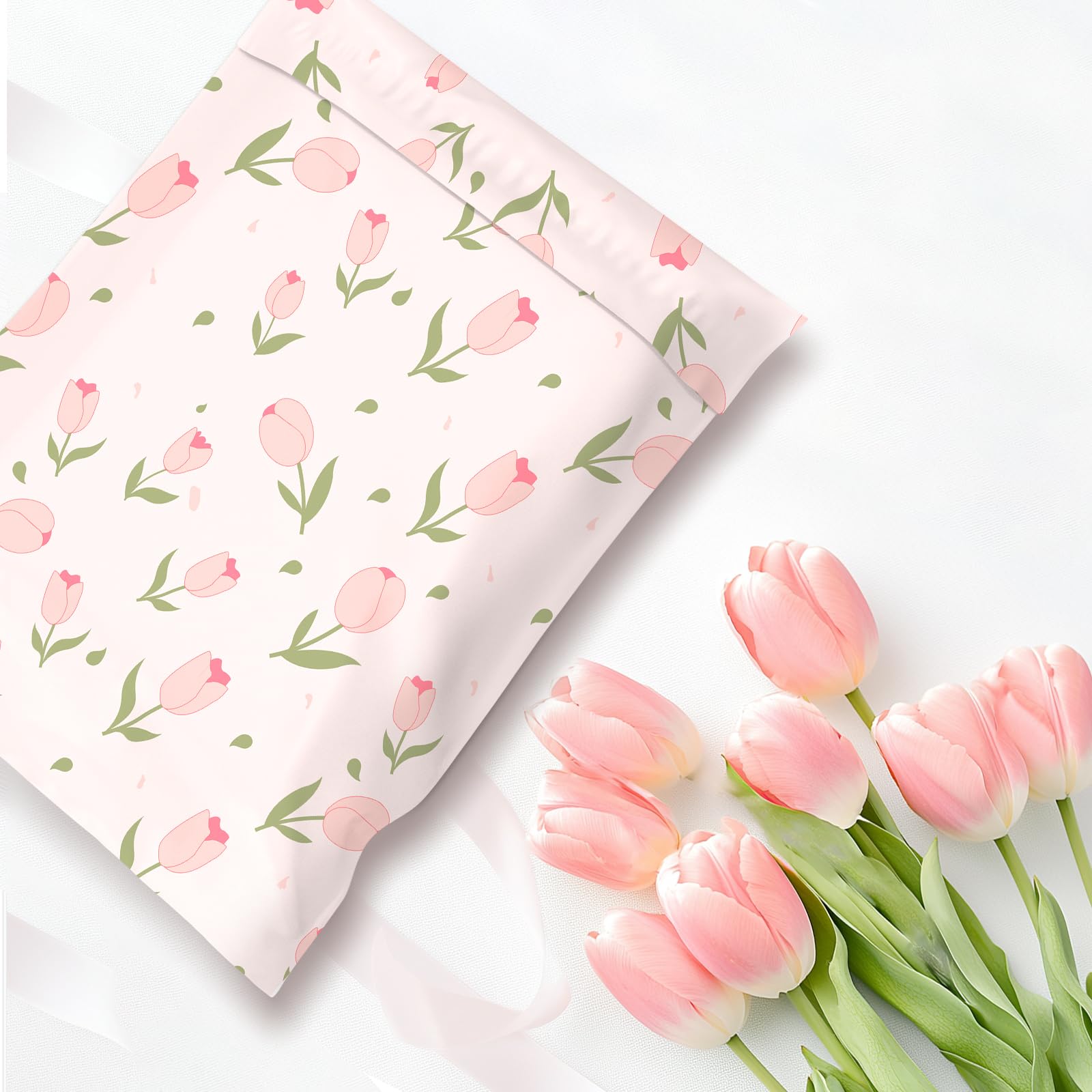KKBESTPACK Lot de 100 enveloppes en polyéthylène à motif de tulipes roses, 36,5 x 48,3 cm, imperméables et résistantes aux déchirures pour fournitures d'emballage de petites entreprises