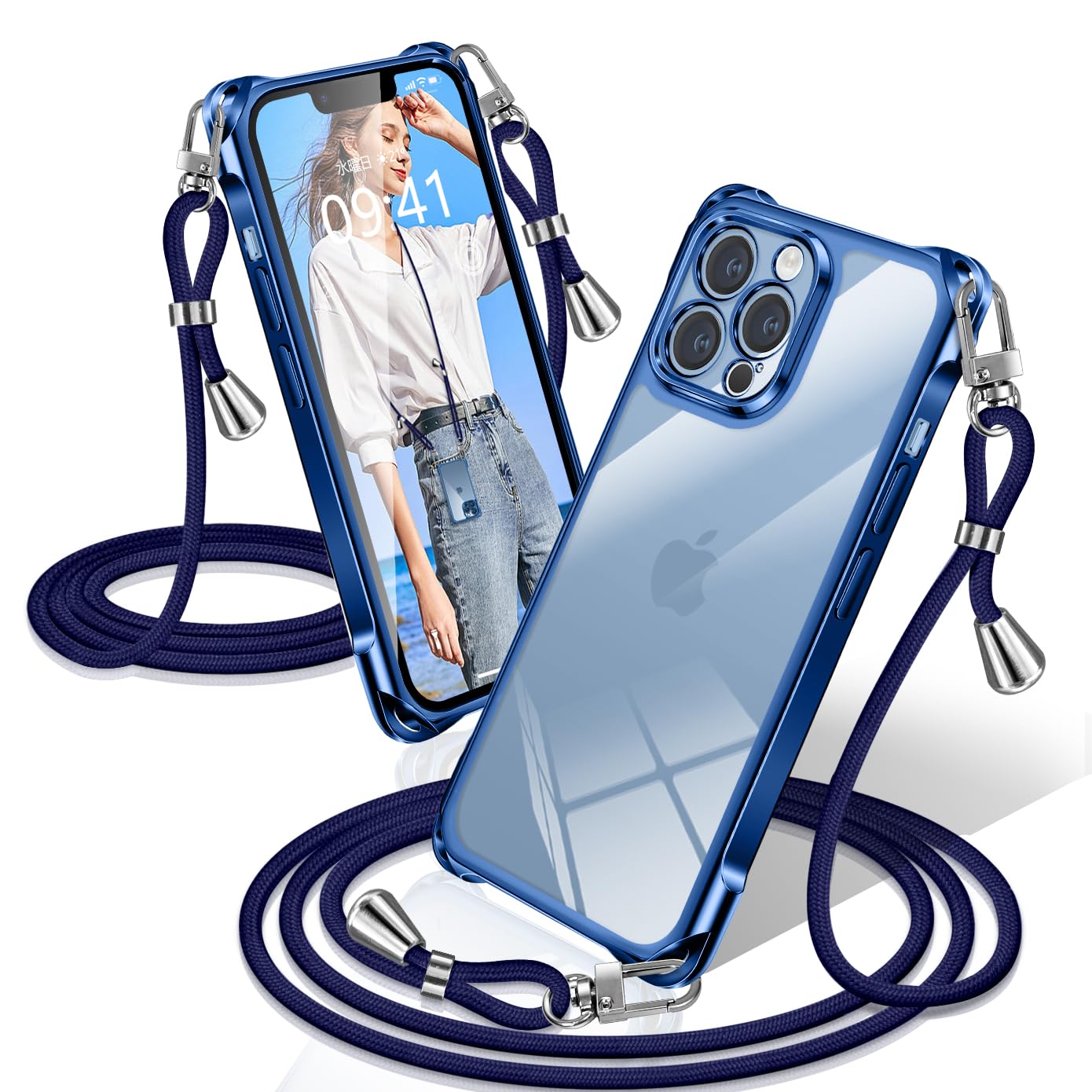 XIOYATY 用の iPhone 13 Pro ケース クリア ショルダー 耐衝撃 アイフォン13 Pro カバー 透明 クロスボディショルダー 電気メッキ加工 ファッション設計 長さ調整 TPUスマホ ポータブル 落下を防ぐ 四隅の保護 (ブルー)