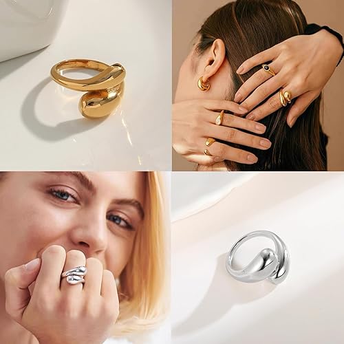 Vista 7 de WOWORAMA Anillos abiertos gruesos para mujer, anillos de lágrima ajustables de cúpula dorada y plateada, anillos gruesos y llamativos anillos
