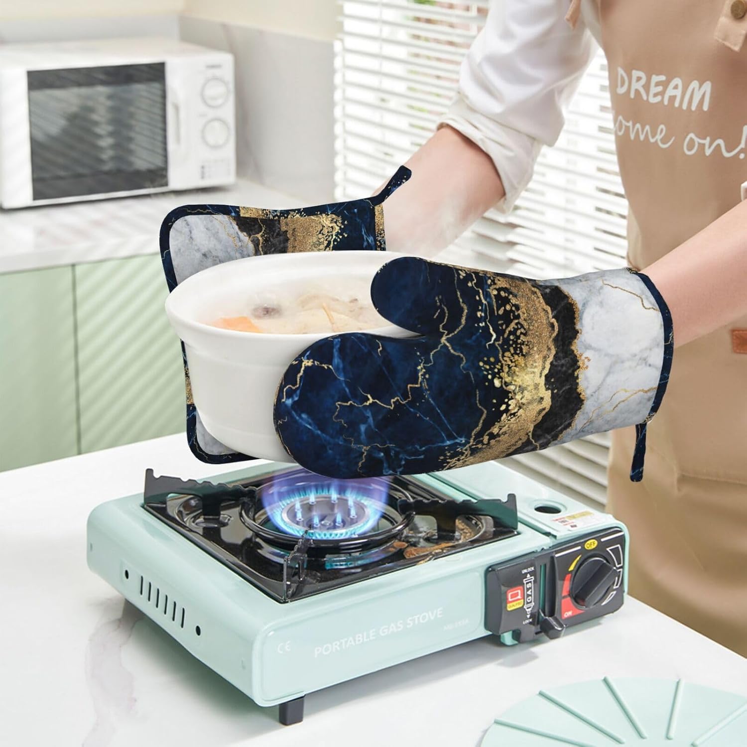 Blue Marble Golden Oven Mitts and Pot Holders Sets of 4, Heat Resistant Silicone Oven Mittens and Potholders Gloves Hot Pads for Kitchen Cooking Baking Grilling BBQ Chef