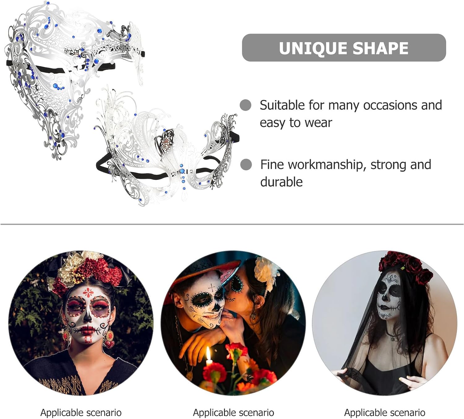 Halloween Party Half Face Mask Set, Silver Metal Masquerade Masks with Blue Rhinestones, Delicate Multi-function Portable Costume Accessory for Women’s Masquerade Ball and Festival