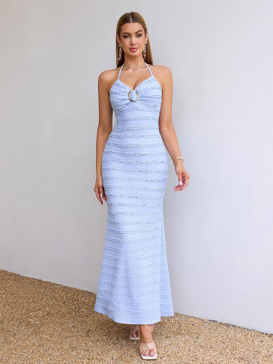 HTZMO Women Elegant Summer Casual Bodycon Maxi Dress Sexy V Neck Halter Ruffle Wedding Guest Formal Long Dresses - Image 3