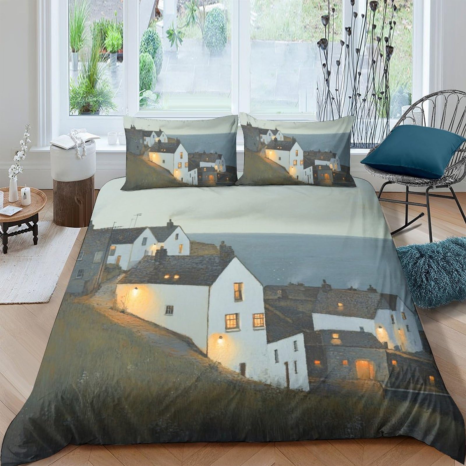 Ctjqhvkz Style-9 3D Printed Village Night Fitted Sheet Microfiber Soft Breathable Countryside House Bed Sheet For Bedroom Guest Room Decor Single（135X200cm）