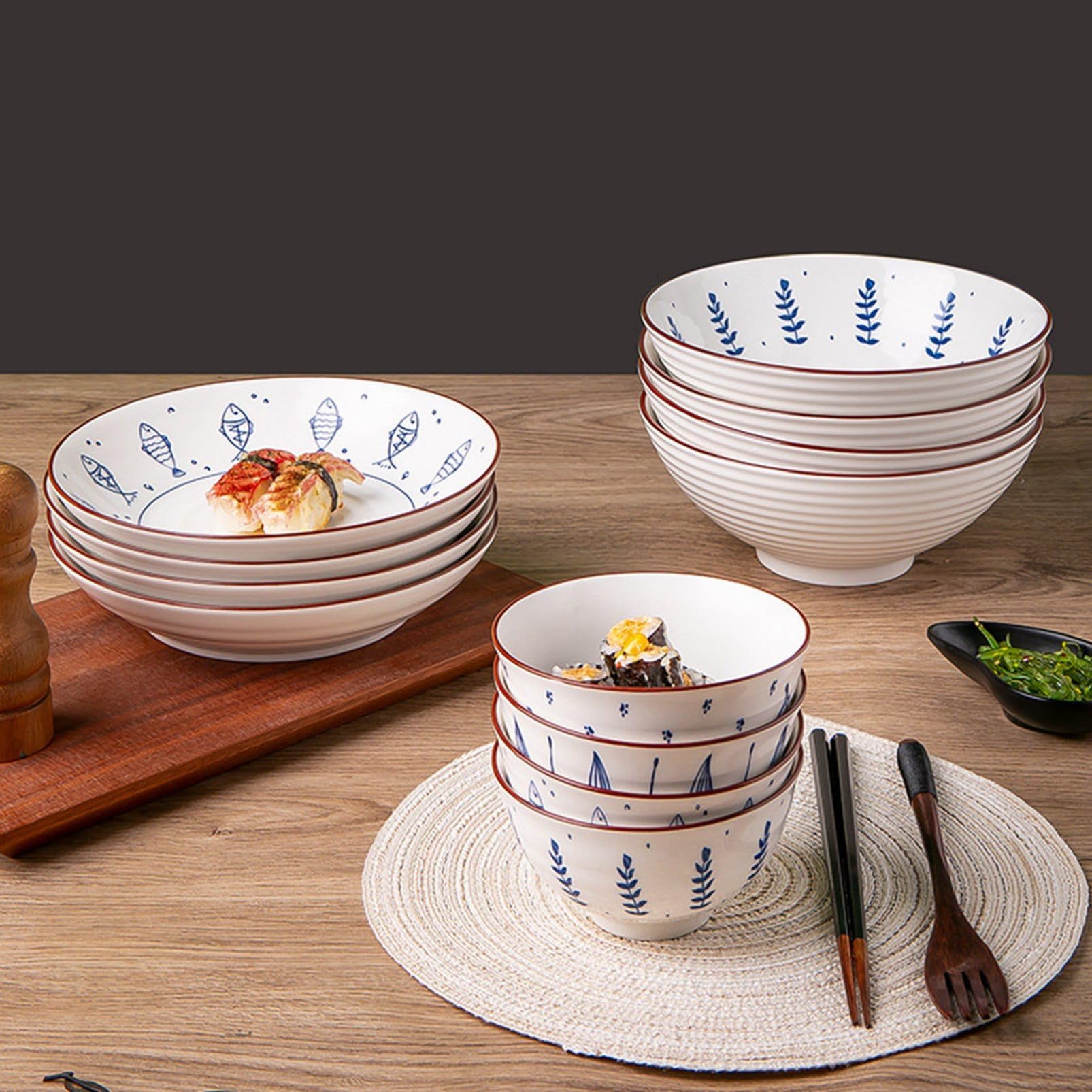 Amazon.co.jp: 和食器 食器 小花柄 茶碗 皿 碗 丼 茶碗 白い磁器 魚柄 