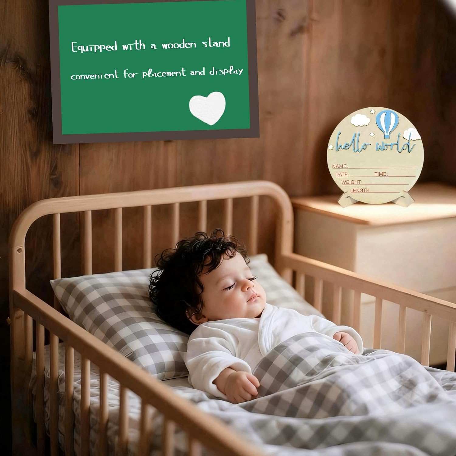 Baby Announcement Sign,Personalized Wooden 5.9inch Hello World Newborn Sign,Birth Name Announcement,3D Pattern，Boys And Girls Gift,Hospital Nursery For Baby (Hot Air Balloon Blue)