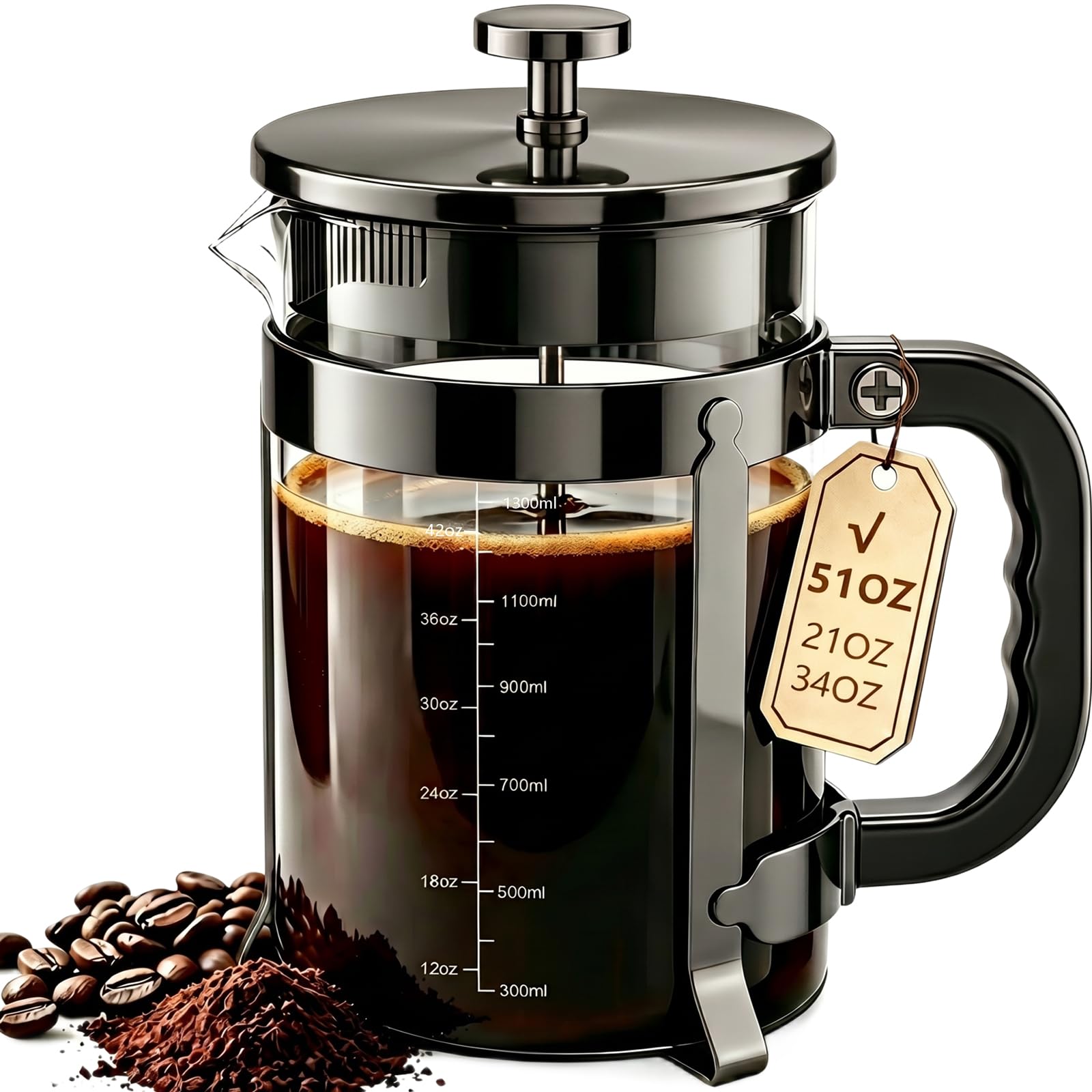 QUQIYSO French Press 51oz,Large French Press Thickened Glass Coffee Press