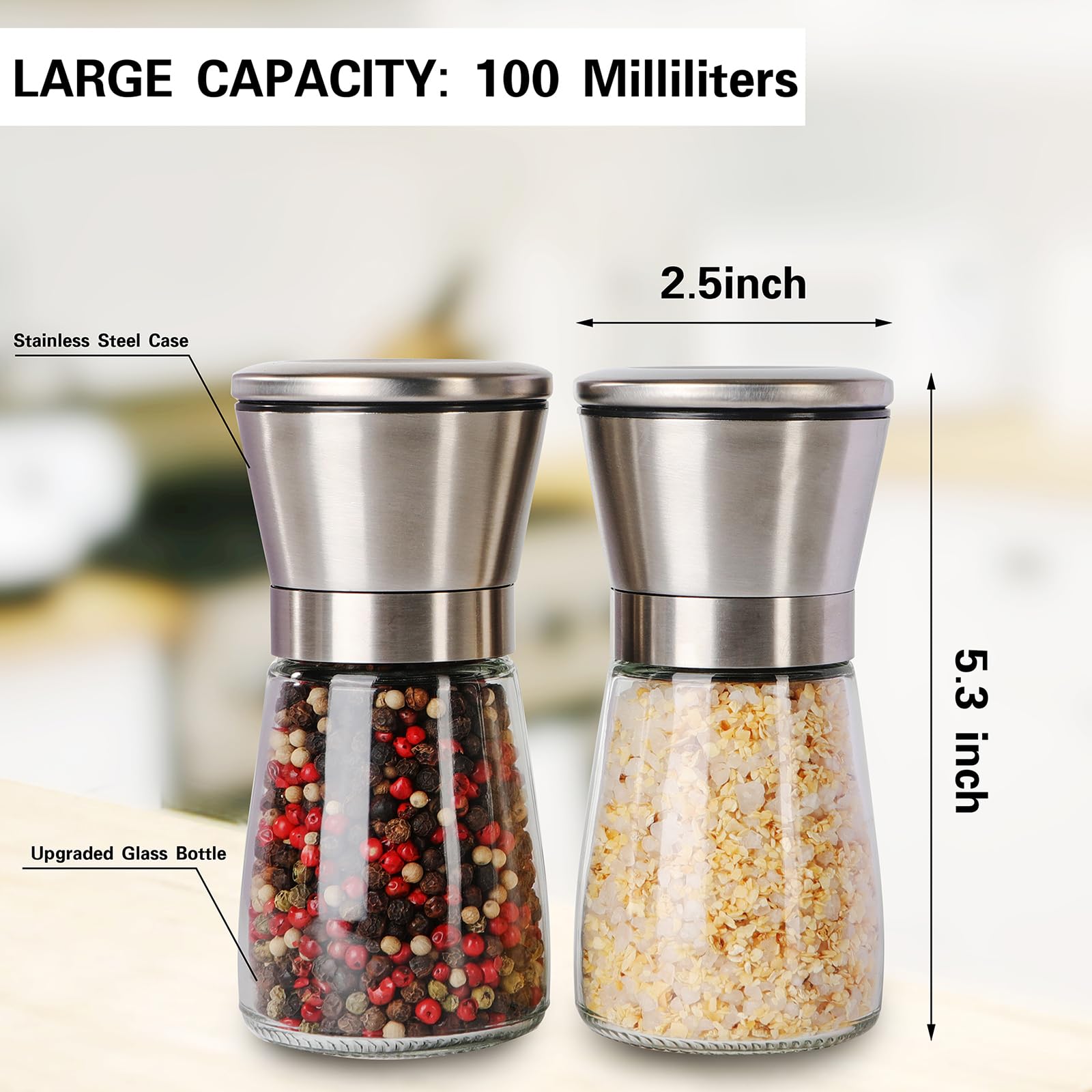 Salt and Pepper Grinder Set Refillable, Salt Pepper Grinder Shaker Stainless Steel Glass Pepper Mill with Adjustable Coarseness — Amazon image 4