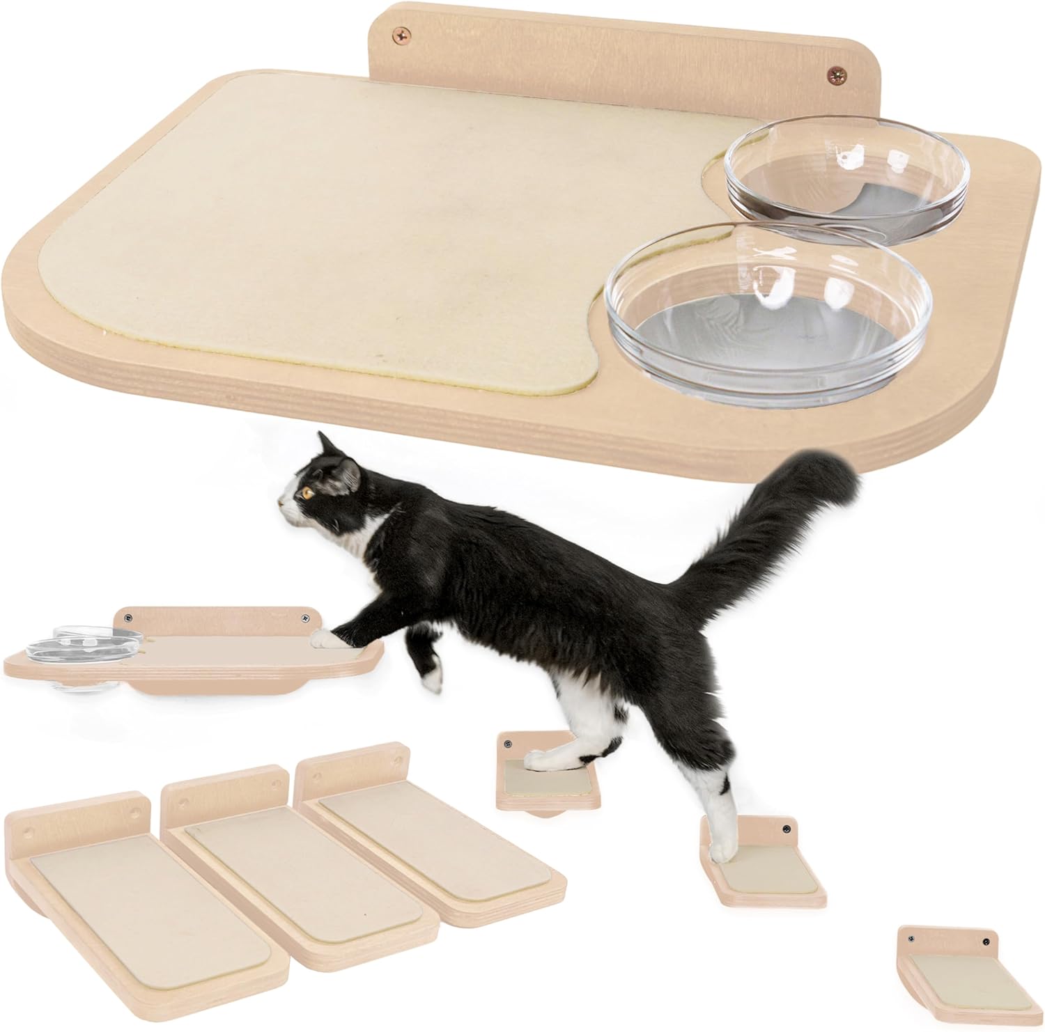 INICIO Cat Shelves – Dog Proof Feeding Station with Wall Mounted Shelves, 3 Steps for wall with Floating Shelf for Cats Up to 15lbs, Includes Cat Food Bowls for Convenient Feeding – Natural Wood