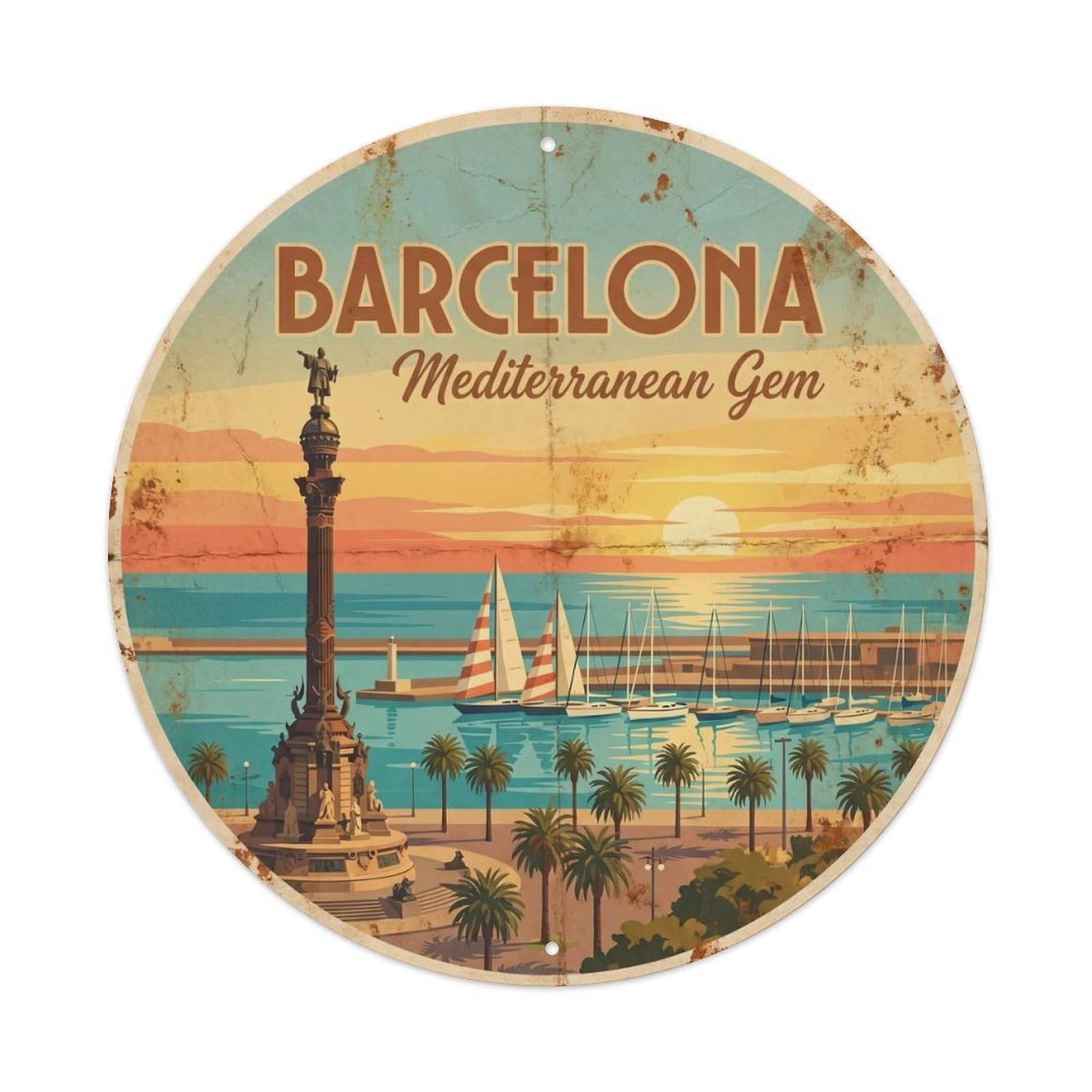 Retro Barcelona Mediterranean Gem Waterfront Travel Sunset Metal Tin Sign Plaque Wall Decor for Cafe, Man Cave, Club Bar, Office, Home Garden Round Metal Poster 8x8Inch
