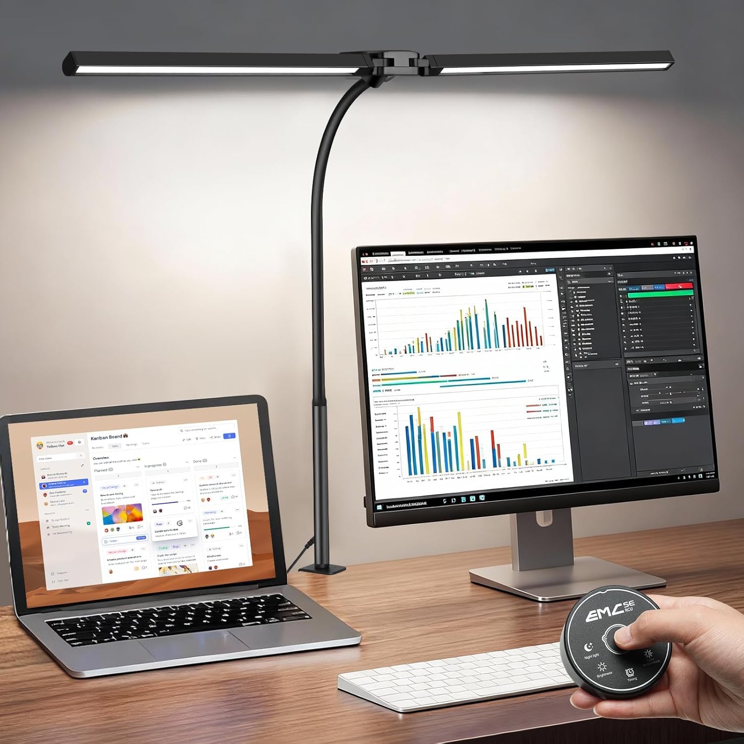 32.8'' Wide Desk Lamp with Clamp for Home Office, Eye-Caring LED Desk Lamp, Dimmable Table Clip Lamp for Dual Screen Computer Monitor, Adjustable Color Lighting Mode Computer Monitor Light