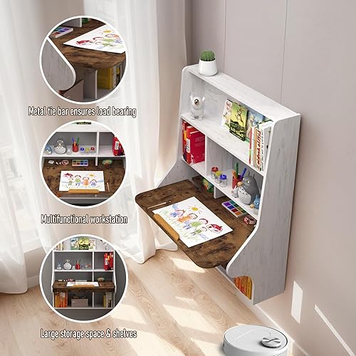 Miniatura 4 de Mesa plegable de hojas colgantes montada en la pared, escritorio plegable con estantes, portátil flotante con 4 ángulos ajustables, estación de