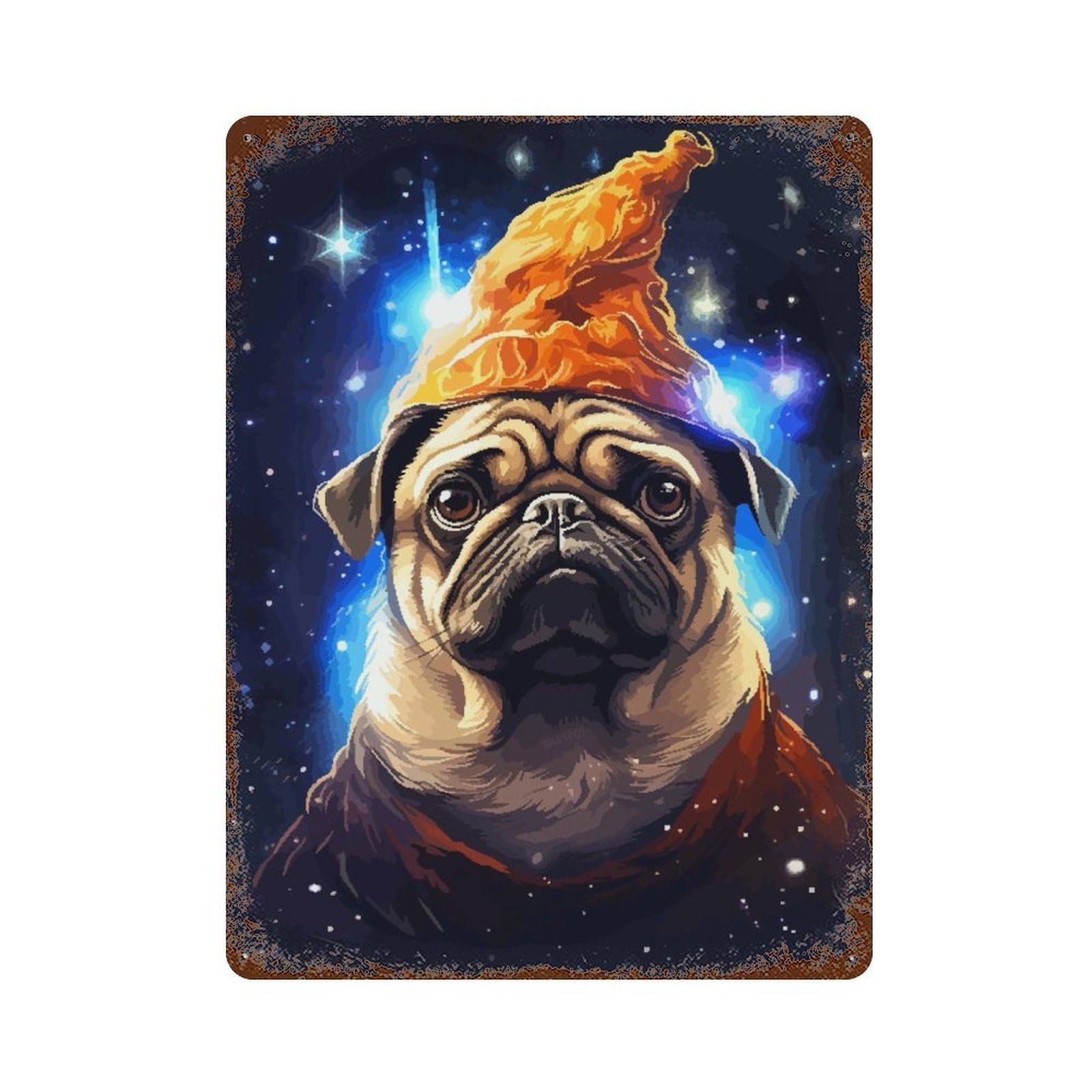 Wizard Pug Cute Pixel Art Rust Effect Tin Sign 15.7"x11.8", Novelty Wall Decor for Garage, Pub Or Kitchen