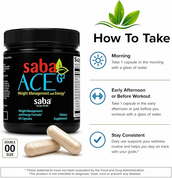 Saba ACE G2 Fat Burner Capsules Thermogenic Weight Loss Supplement for Women & Men Pre Workout Energy, Appetite Control & Metabolism Booster with Green Tea, Capsimax, CarnoSyn 60 Count