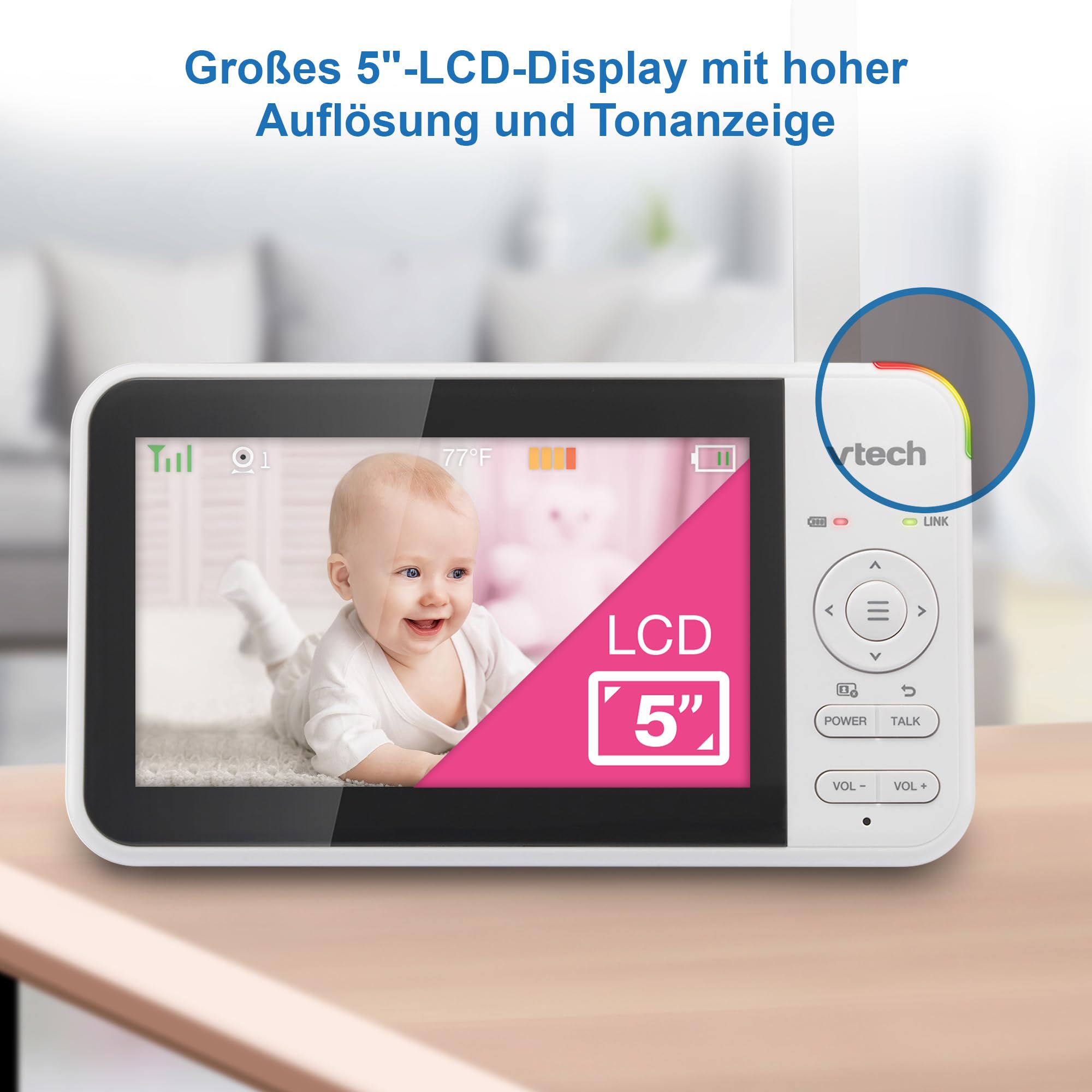 VTech VM924 Video Babymonitor mit Kamera, 5" LCD-Display, Lange Akkulaufzeit, Nachtsicht, 300 Meter Reichweite, Pan&Tilt&Zoom, Lullaby, Beruhigende Geräusche, Temperatursensor
