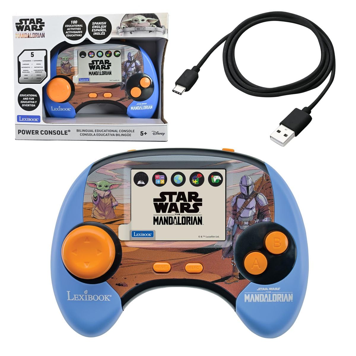 LEXIBOOK, Star Wars, Educational Handheld Bilingual Talking Console, 100 Activities, 2.8" Colour LCD Screen, Spanish & English, Rechargeable Battery, USB‑C Cable, Blue/Orange, JCG100SWi2