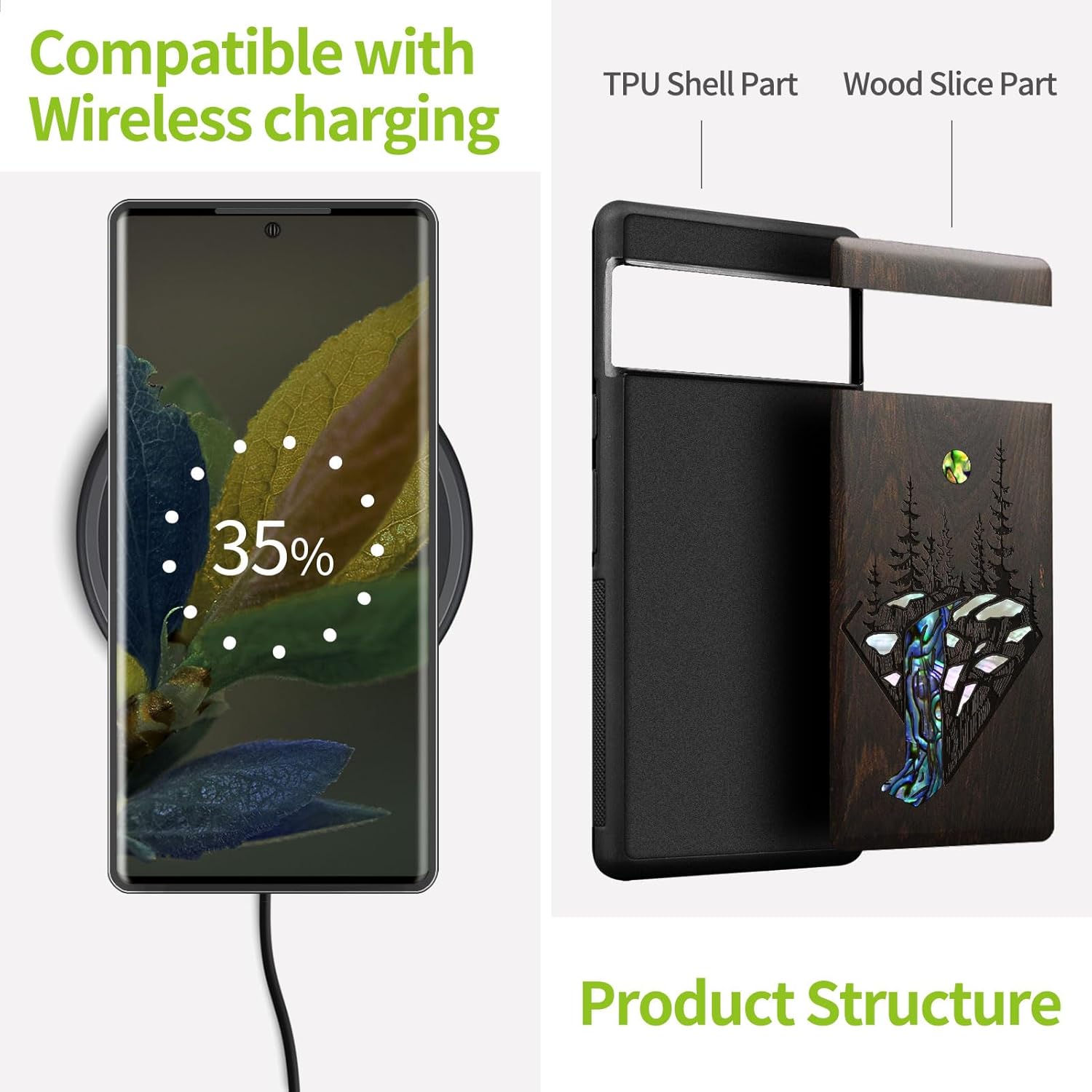 Carveit Designer Wooden Case for Google Pixel 8 Pro Case Cover [Wood Engraving & Shell Inlay] Compatible with Wireless Chargers Pixel 8 Pro (Forest and Waterfall-Blackwood)