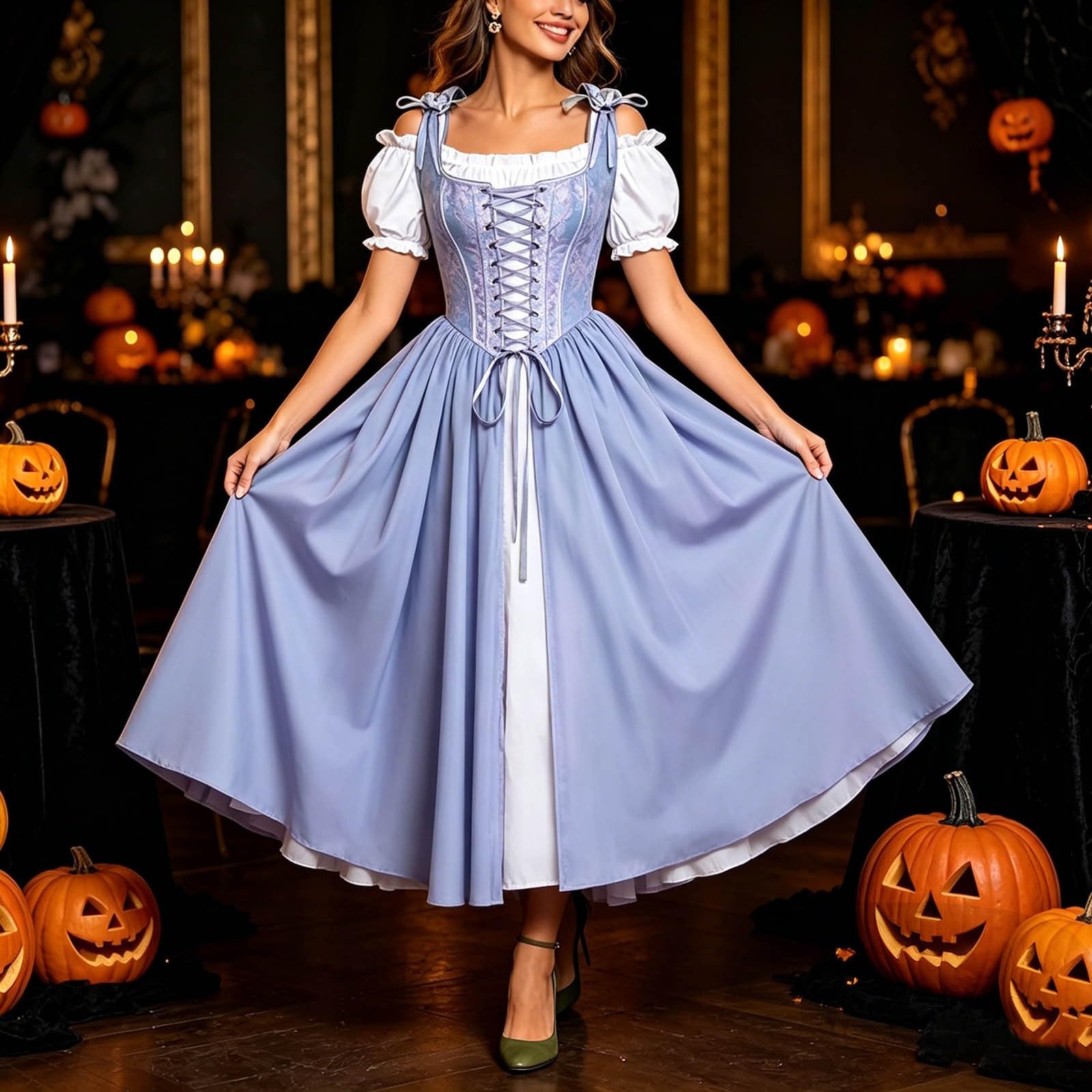 Generisch Women's Medieval Corsage Dress Renaissance Short Sleeve Rockabilly Dress | 2 Pics Set Bags Adjustable Lacing for Ren Fair Fairy Cosplay Witch Outfit Pirate Theme Parties Hobbit Events