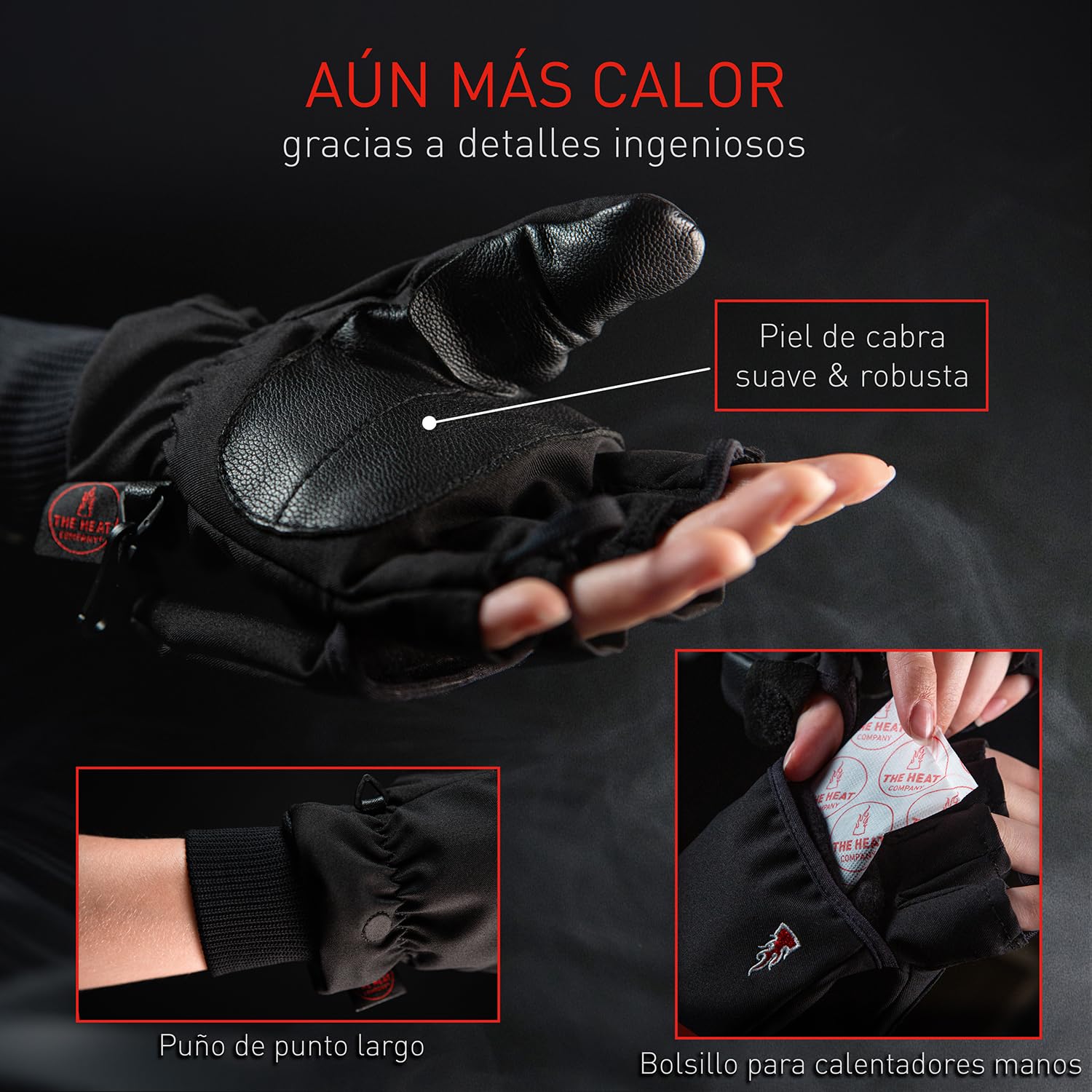 THE HEAT COMPANY - Heat 2 Softshell - Guantes sin Dedos y manopla en uno para Pantallas táctiles Guante cálido de Invierno - contra el frío en el Deporte y Trabajo - Unisex