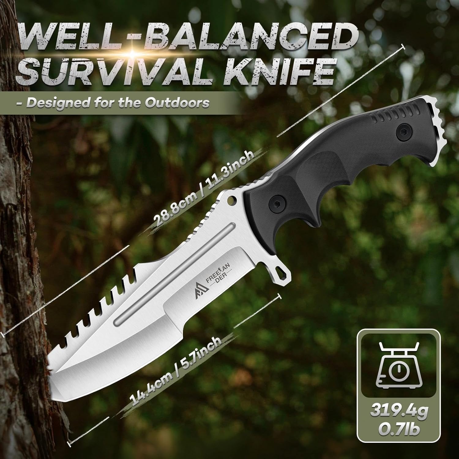 Freelander Outdoor Fixed Blade Knife with Kydex Sheath, Bushcraft Knife Full Tang D2 Steel with Ergonomic Handle, Camping Survival Knives for Men - Image 5