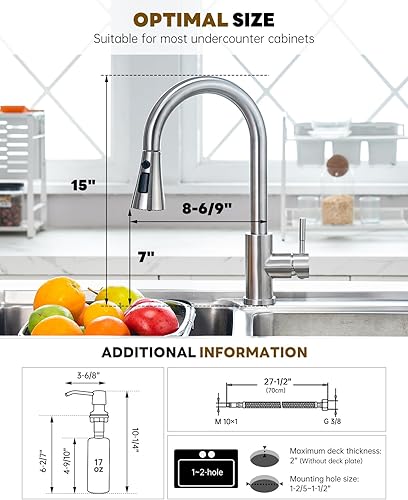 Miniatura 6 de Grifos de cocina con dispensador de jabón, grifo de cocina de níquel cepillado con rociador extraíble, 3 modos, grifos de fregadero de cocina