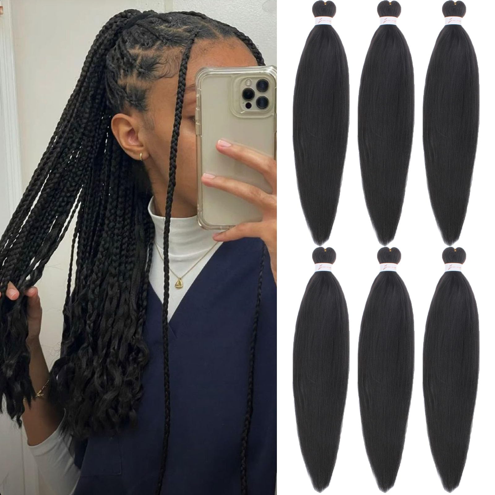 Samtress Pre Stretched Braiding Hair 16 Inch Black Professional Easy Crochet Braids 6 Packs Hot Water Setting Soft Synthetic Braiding Hair Extension for Twist Box Braids Senegalese Crochet Hair (#2)