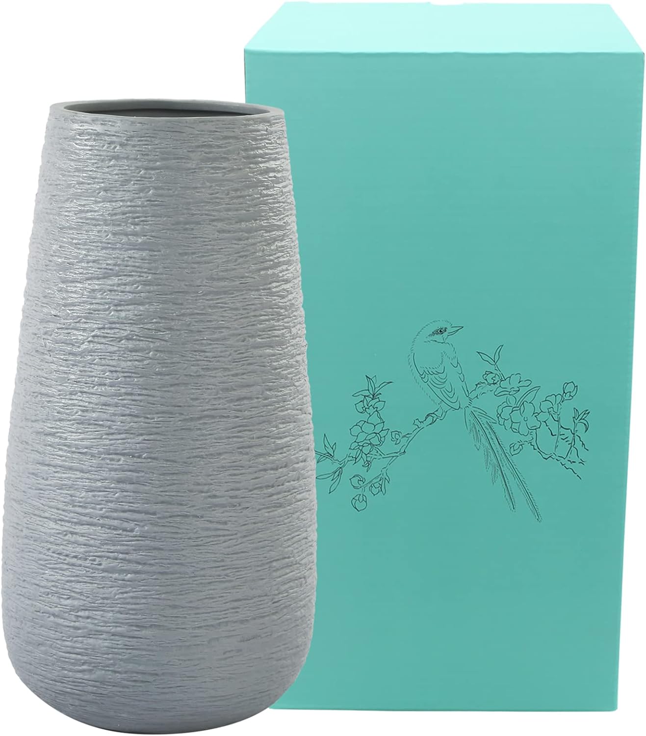 Ceramic Vase, 10 inch Ceramic Vase, Large Rounded Vase, Textured Ceramic Vase, Modern Geometric Pattern Floral Vases, Tall Porcelain Floral Arrangement for Home Décor, Cylinder Bouquet Holder (Gray)