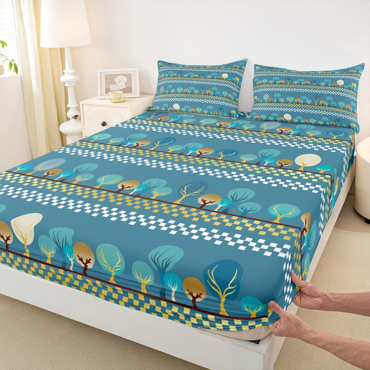 Manfei Juego de sábanas bajeras de 3 piezas, diseño de árbol de dibujos animados, geométrico, abstracto, con 2 fundas de almohada, decoración de habitación infantil y niña, suave (no se vende plana)