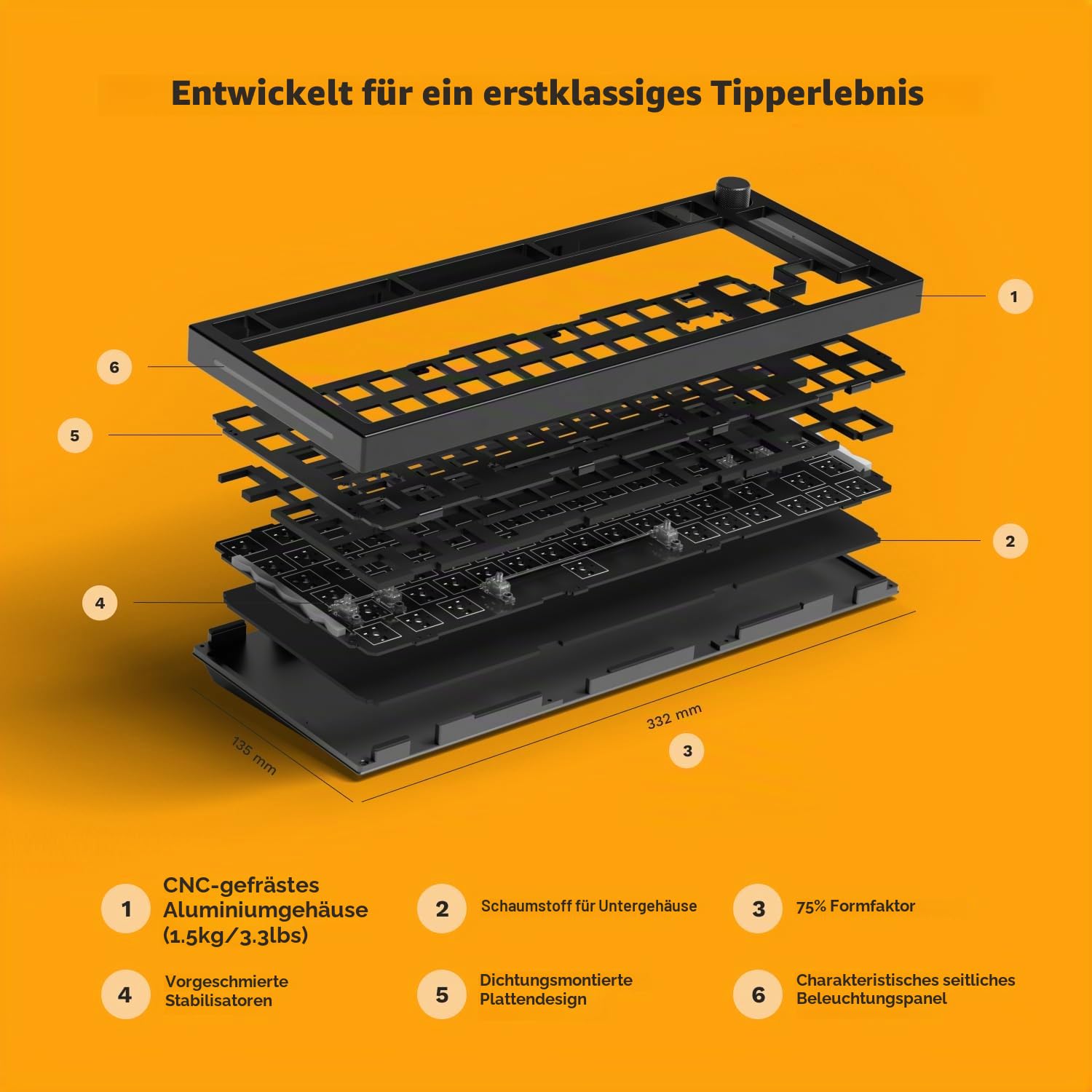 Glorious Gaming GMMK PRO 75% Barebone Schwarz (nur Gehäuse), modulares mechanisches Gaming-Keyboard, TKL-Größe, 1,5 kg Rahmen, RGB, komplett anpassbar, 5-Pin Switch-Support