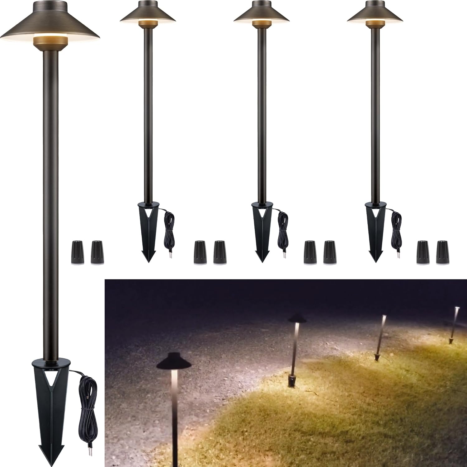 Low Voltage Landscape Lighting Brass - 12v Pathway Lights IP65 Waterproof, Hard Wired Path Light Outdoor, Mushroom-top Bronze for Exterior Area Patio House G4 Bulb Not Included (4 Pack)