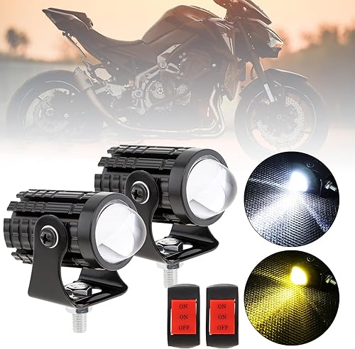 2 faros LED impermeables para motocicleta con interruptor, foco de haz alto y bajo de doble color amarillo y blanco para motocicleta, 8V - 80V