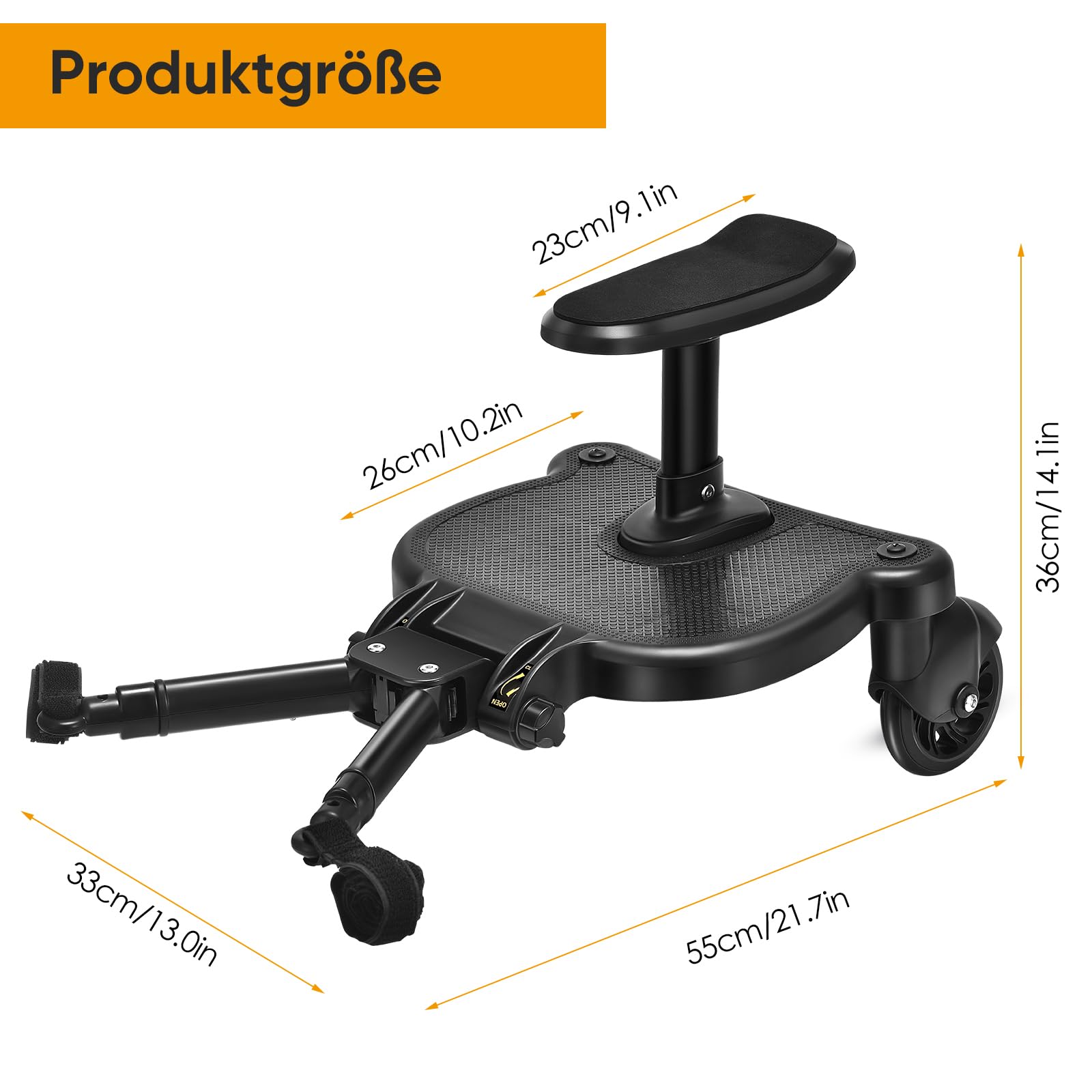 RINRI Planche Poussette Universelle, Marche Pied Poussette avec Siège, Skate Poussette Universelleavec Sac Organisateur de Landau, Compatible avec 99% des Poussettes, pour Enfants de 2 à 6 Ans