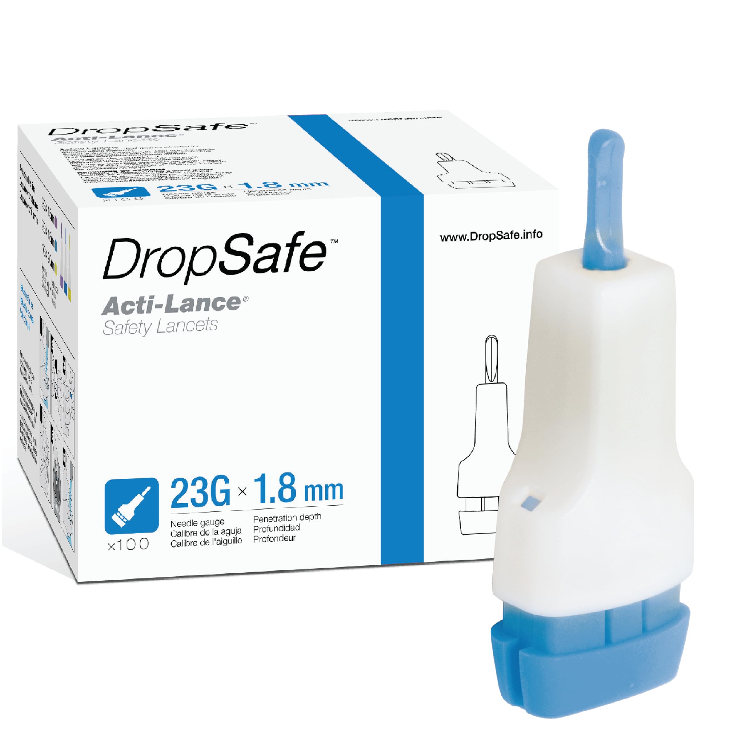 Acti-Lance Safety Lancet, Universal, 23 Gauge, 1.8mm, Top Button Activated for Blood Glucose Testing, Sterile, Single-Use, 100ct Box