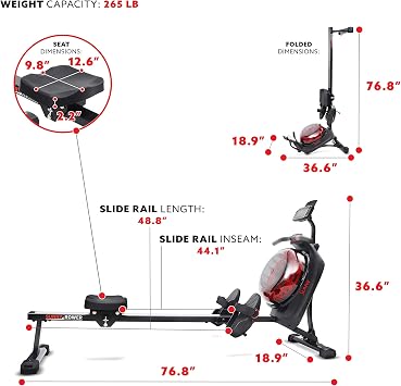 Sunny Health & Fitness Elite Water Rower with High Dynamic Resistance Vertical Tank, Low-Impact Full-Body Workout, Compact Flippable Cardio Rowing Machine for Home