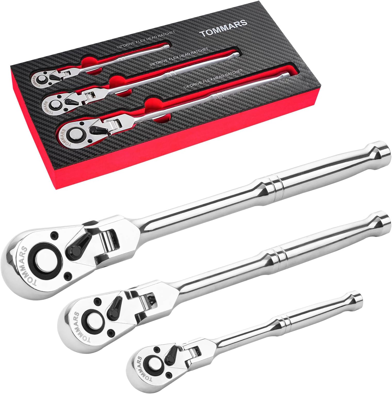 Flex-Head Ratchet Set, 1/4", 3/8", 1/2" Drive Flexible Ratchet Handle Wrench 72-Tooth Quick-Release Reversible