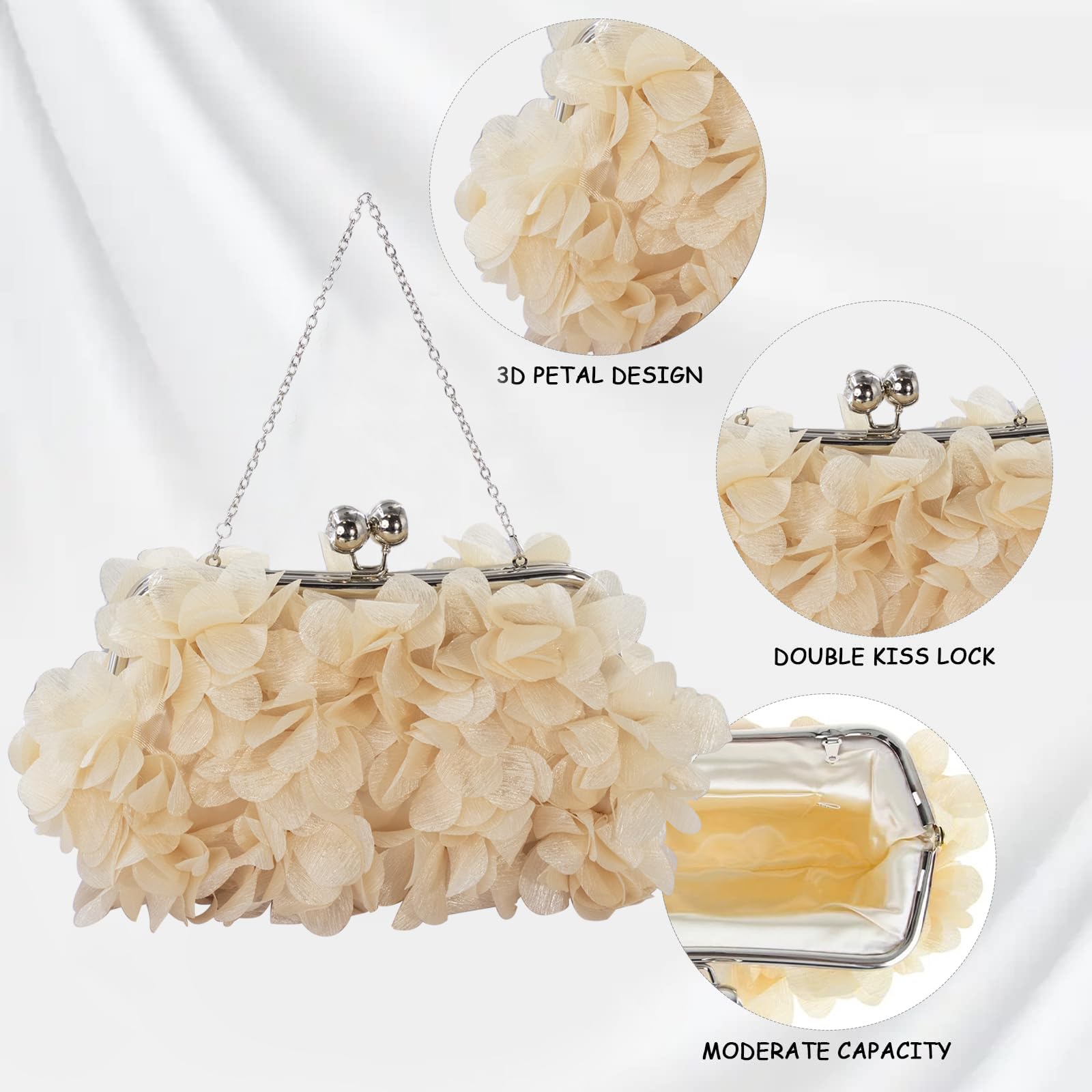 JAMBHALA Women Elegant Evening Purse, Small Floral Clutch Bag with Detachable Chain for Wedding, Party, Prom: Champagne
