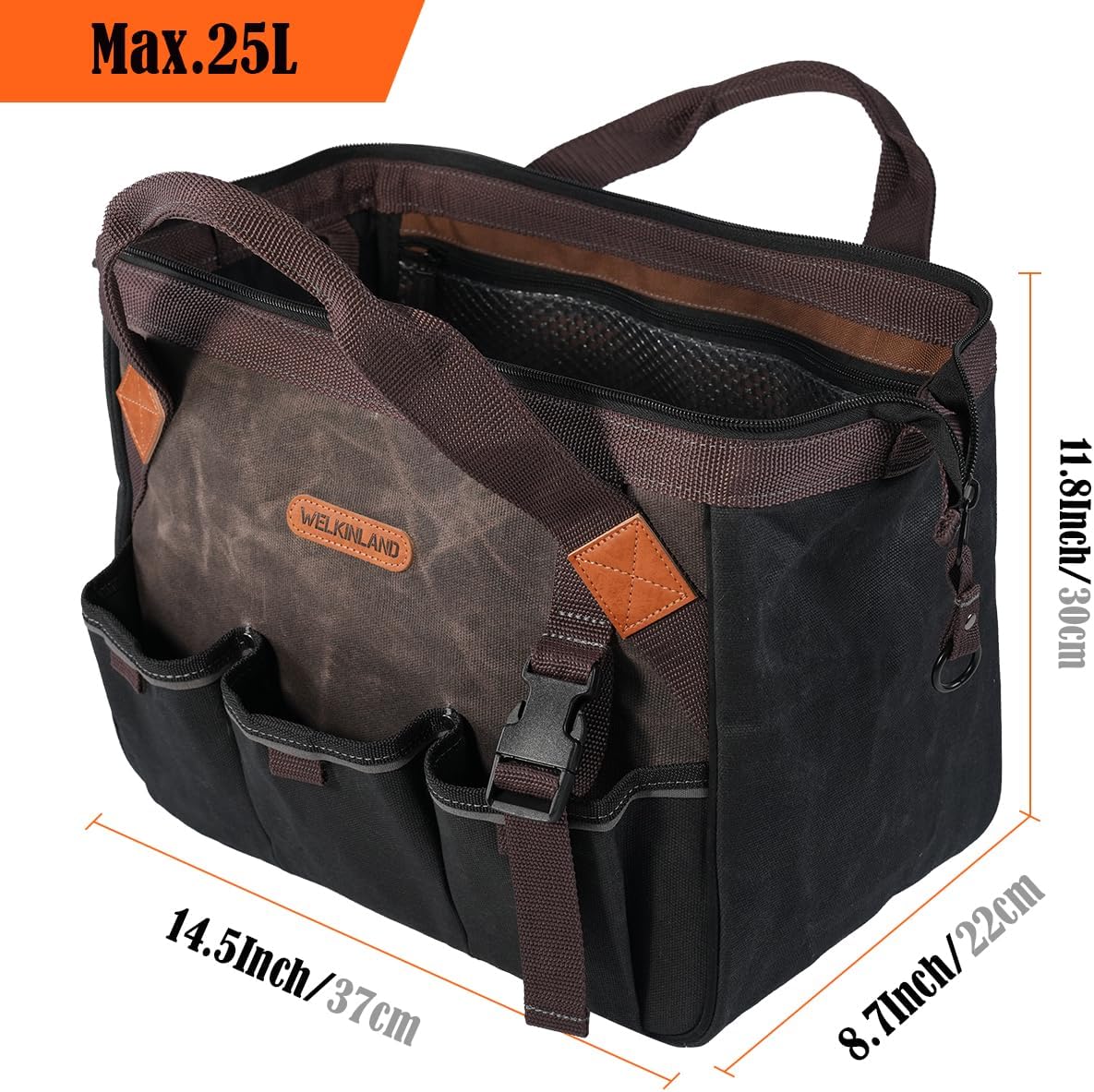 WELKINLAND 18 Pockets Electrician Tools Bag,14" Heavy Duty Plumber Tool Bags, Waxed Canvas Tools Bags, Large-Opening Tool Bags For Men, 25L Hand Tools Bag With Zipper - Image 5