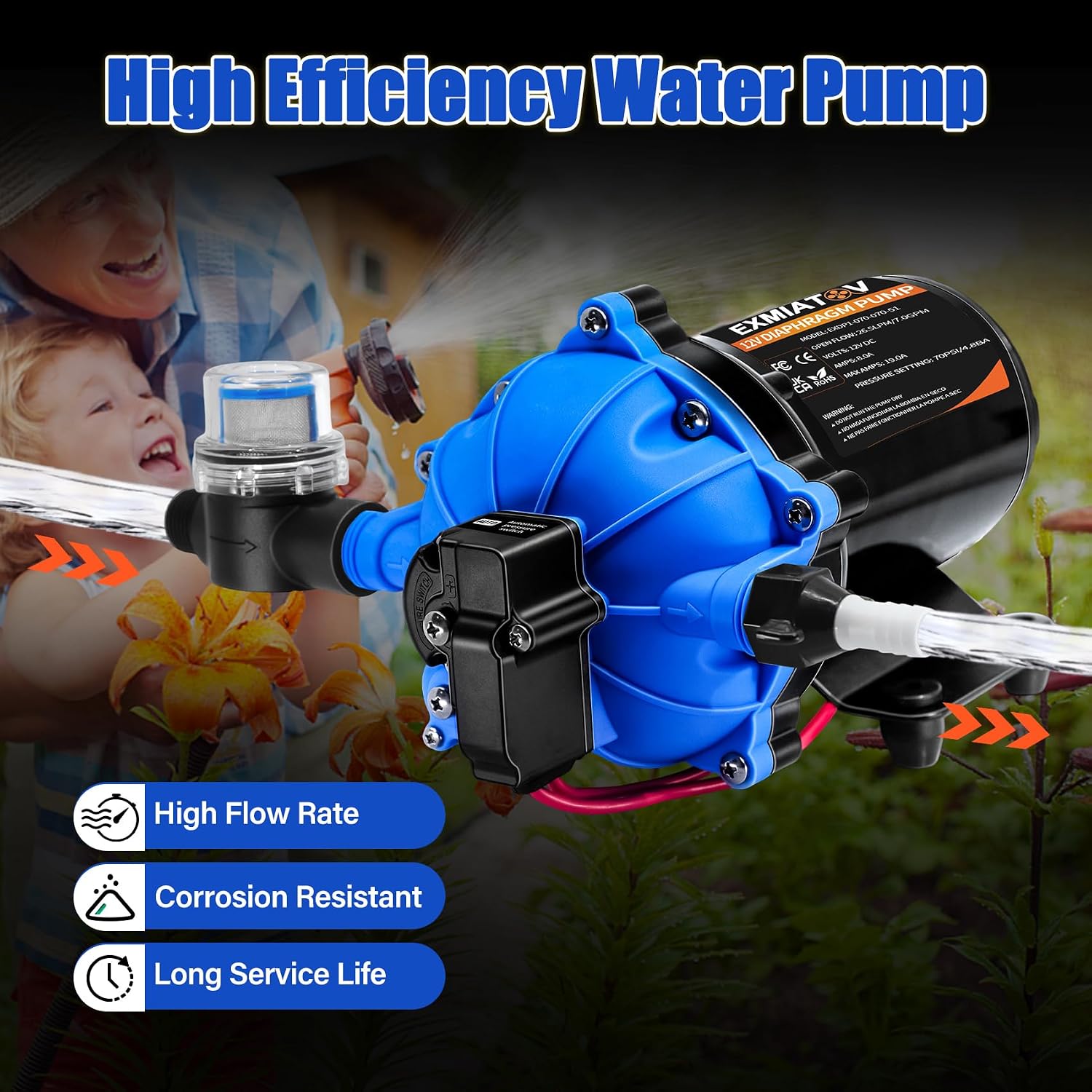 [Upgraded Version]12V DC 7.0GPM 70PSI RV Fresh Water Pump,5 Chamber Self-Priming Diaphragm Water Pump with Pressure Switch and Strainer,Ideal for RV,Marine,Yacht Sprayer and Pressure Washing