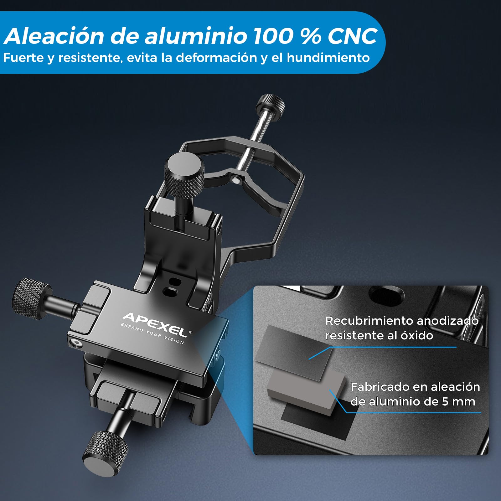 APEXEL 3-Axes Adaptador de Teléfono Móvil con Telescopio de Metal de 3 Ejes Cuenta con Bluetooth, Ajuste XYZ de Alta Precisión y Compatibilidad con Binoculares, Monoculares y Microscopios