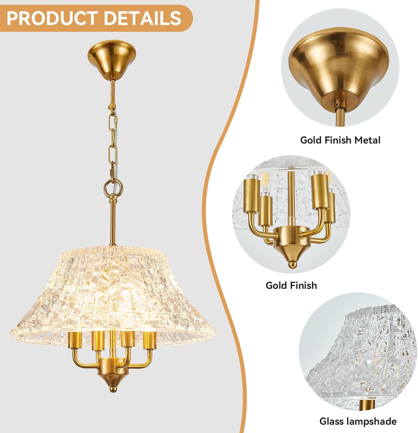 Modern Crystal 16" Gold Pendant Light Fixture for Kitchen Island,Luxury 4-Light Chandeliers Water Ripple Glass Ceiling Hanging lamp for Dining Room Living Room Foyer Entryway Bedroom