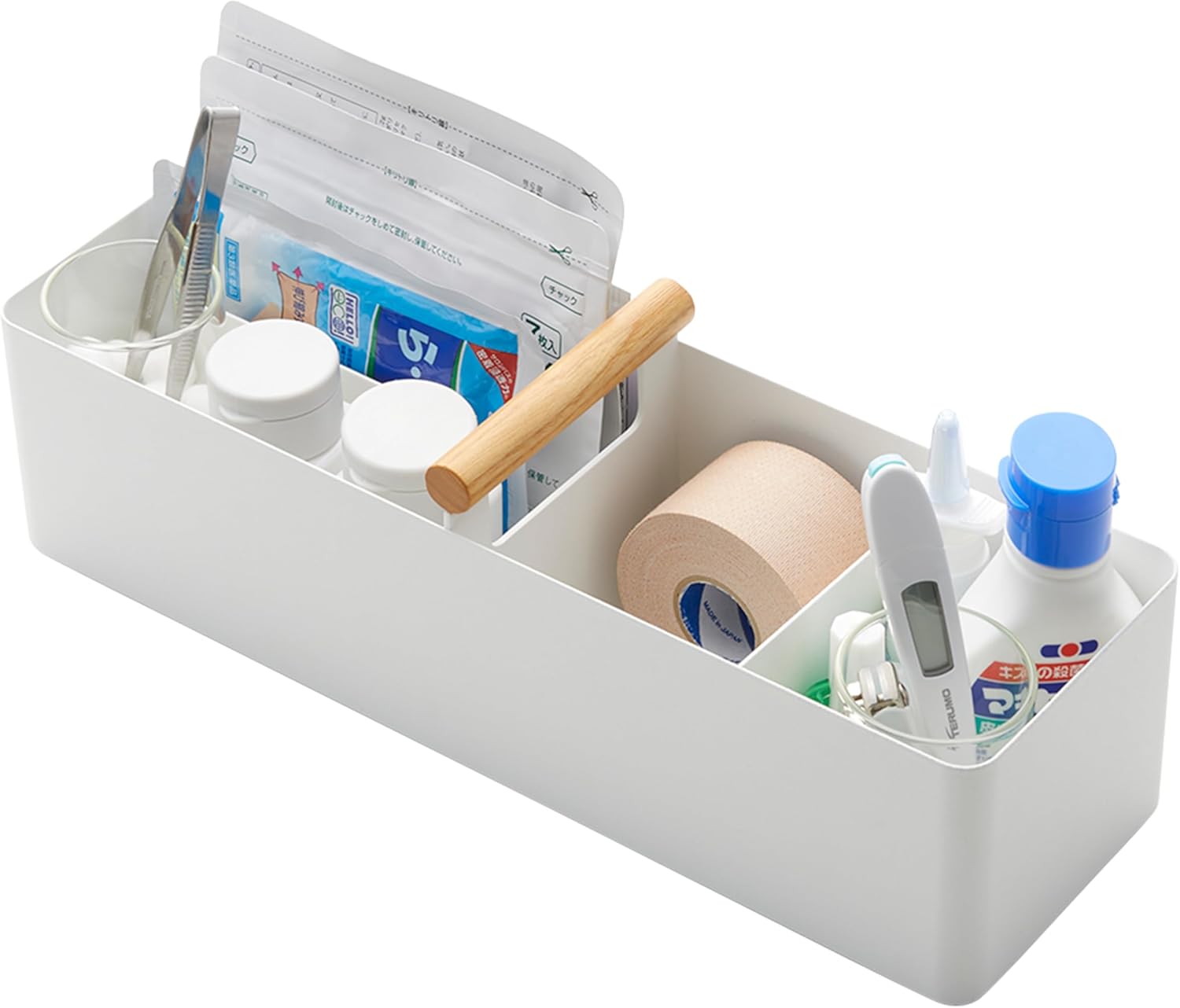 YAMAZAKI Home Tosca Slim Storage Box With Natural Wood Handle – Magnetic Dividers For Makeup Or Medications - Steel + Wood